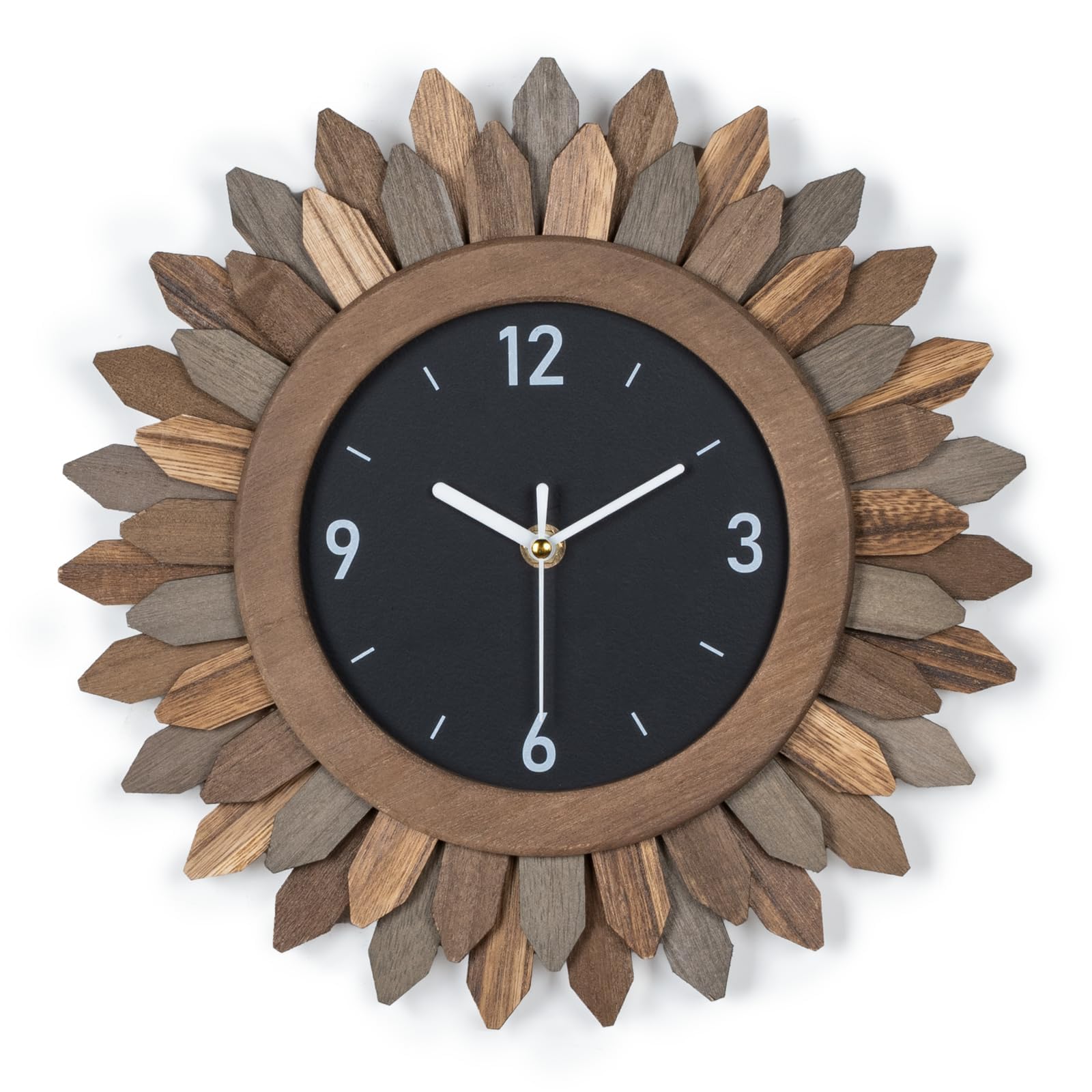 Honiway Wall Clock Battery Operated 12 In Rustic Wood Boho Sunburst Decorative Wall Clock Silent Non Ticking Farmhouse Small Wal