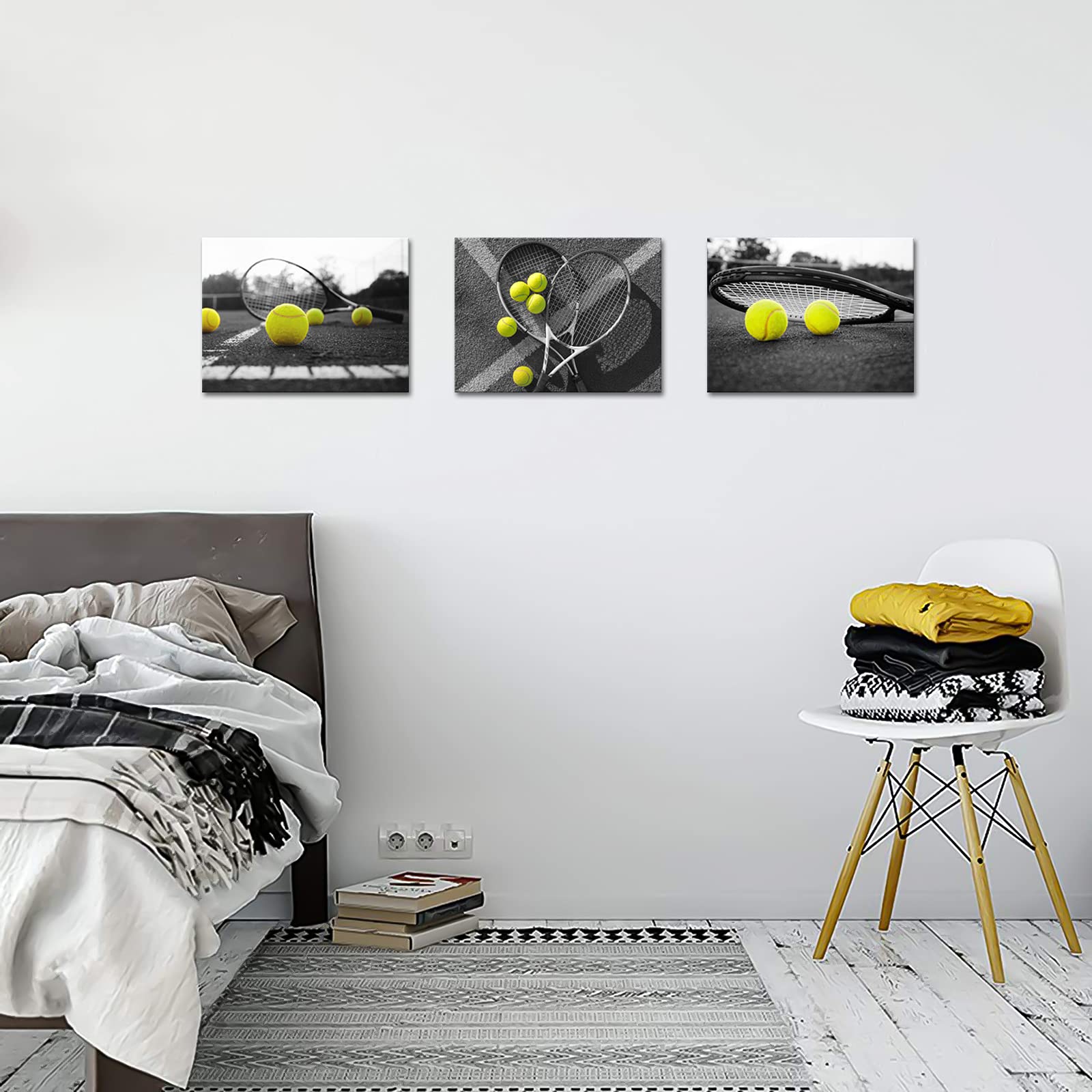 Derkymo 3 Pieces Tennis Pictures Artwork Black And White Canvas Wall Art Sport Theme Prints Framed For Tennis Club Gym Wall Deco