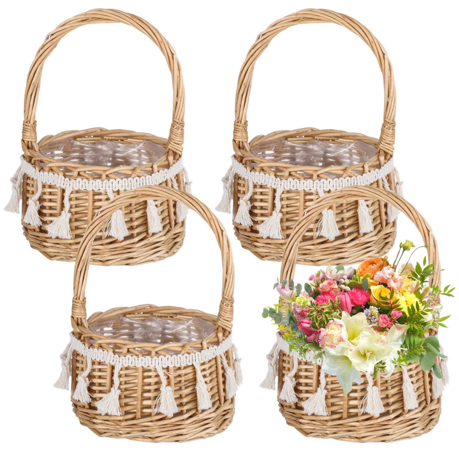 4 Pcs Flower Baskets with Handle, 5.1 x 7.5 Inches Wicker Rattan Lightweight Floral Baskets for Gardening Festival Parties