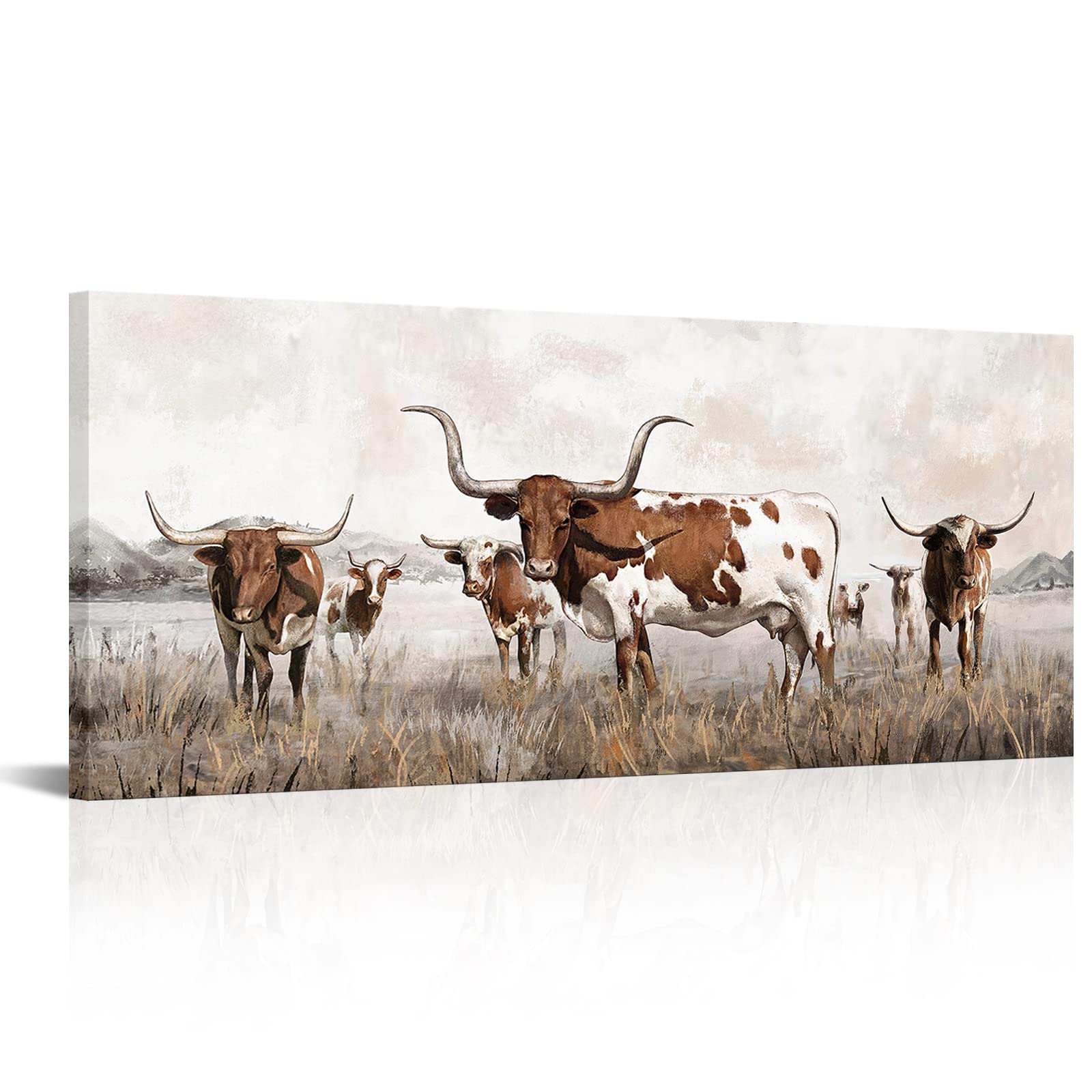Visual Art Decor Large Texas Longhorn Canvas Wall Art Decor Western Farmhouse Cow Cattle Picture Art Prints For Living Room, Kit