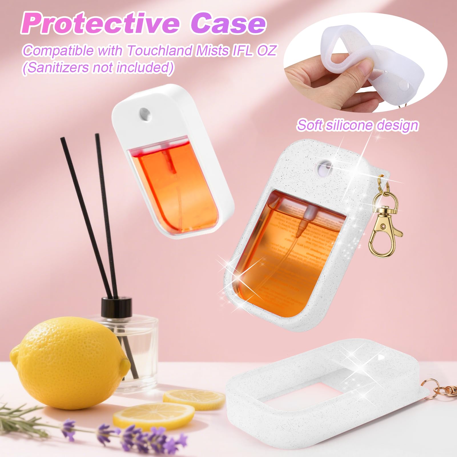 Aiersa Hand Sanitizer Spray Glitter Case Compatible With Touchland, Silicone Hand Sanitizer Case Holder With Keychain For Touch