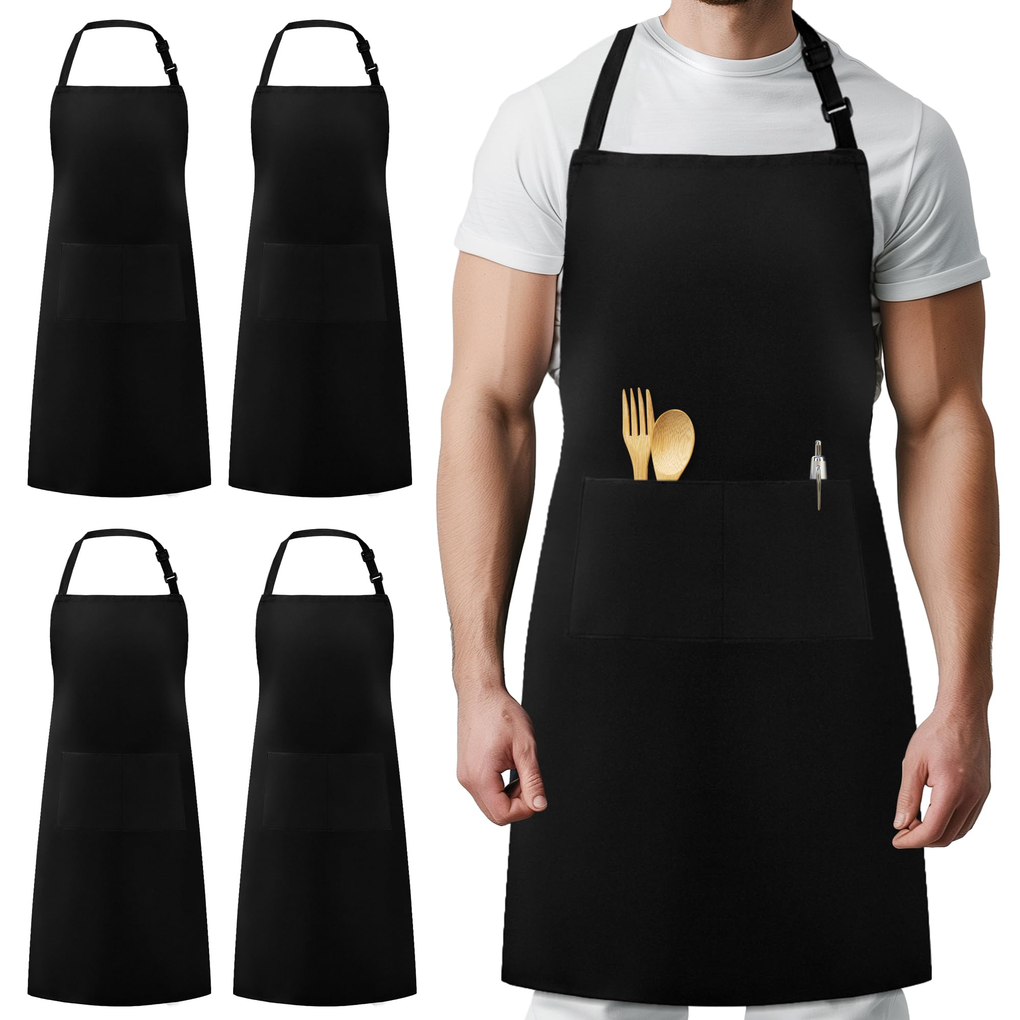 Syntus 4 Pack Chef Apron, Adjustable Bib Apron Waterdrop Resistant Professional Cooking Aprons For Men Women With 2 Pockets, Bla