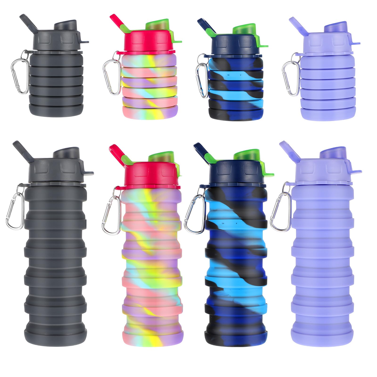 MAQUITA 4 Pcs Collapsible Water Bottles 16 oz Portable Foldable Water Bottles Silicone Leak Proof Travel Water Bottle Reusable S