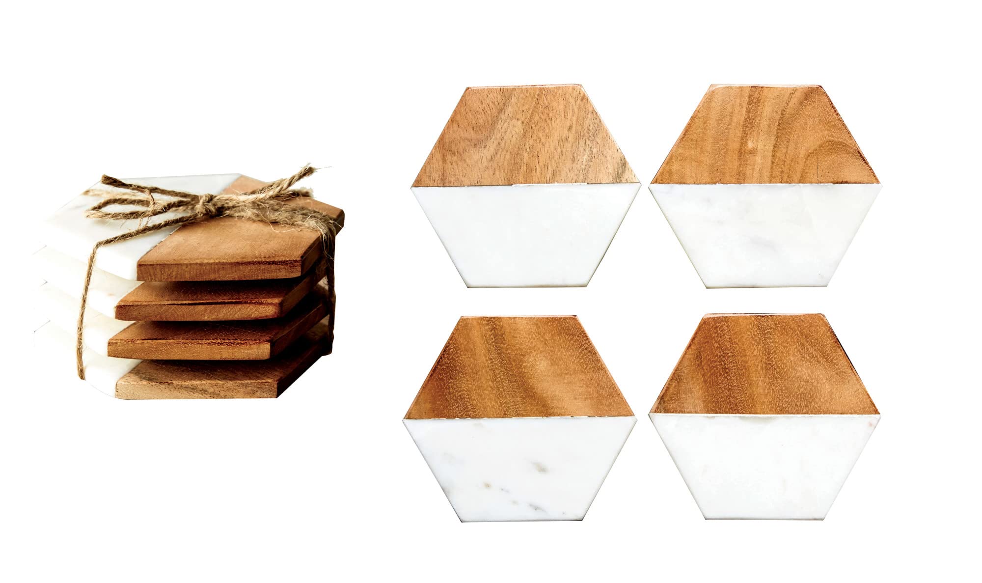 Creative Co-Op Marble And Natural Mango Wood Coasters (Set Of 4), Hexagon, Multicolored