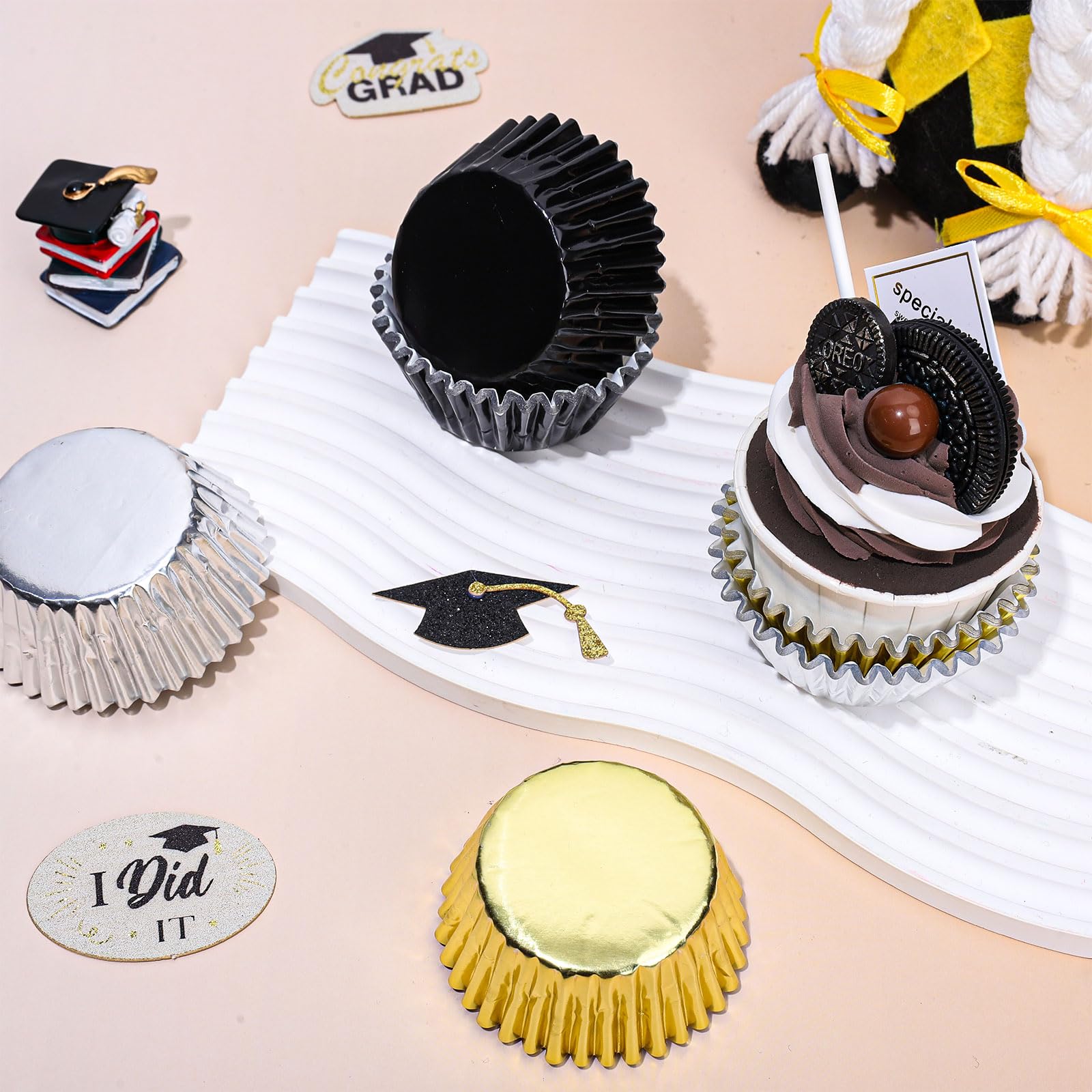 Whaline 150Pcs Graduation Cupcake Liners Congrats Grad Foil Baking Cups Black Silver Gold Foil Metallic Cupcake Wrappers For Col