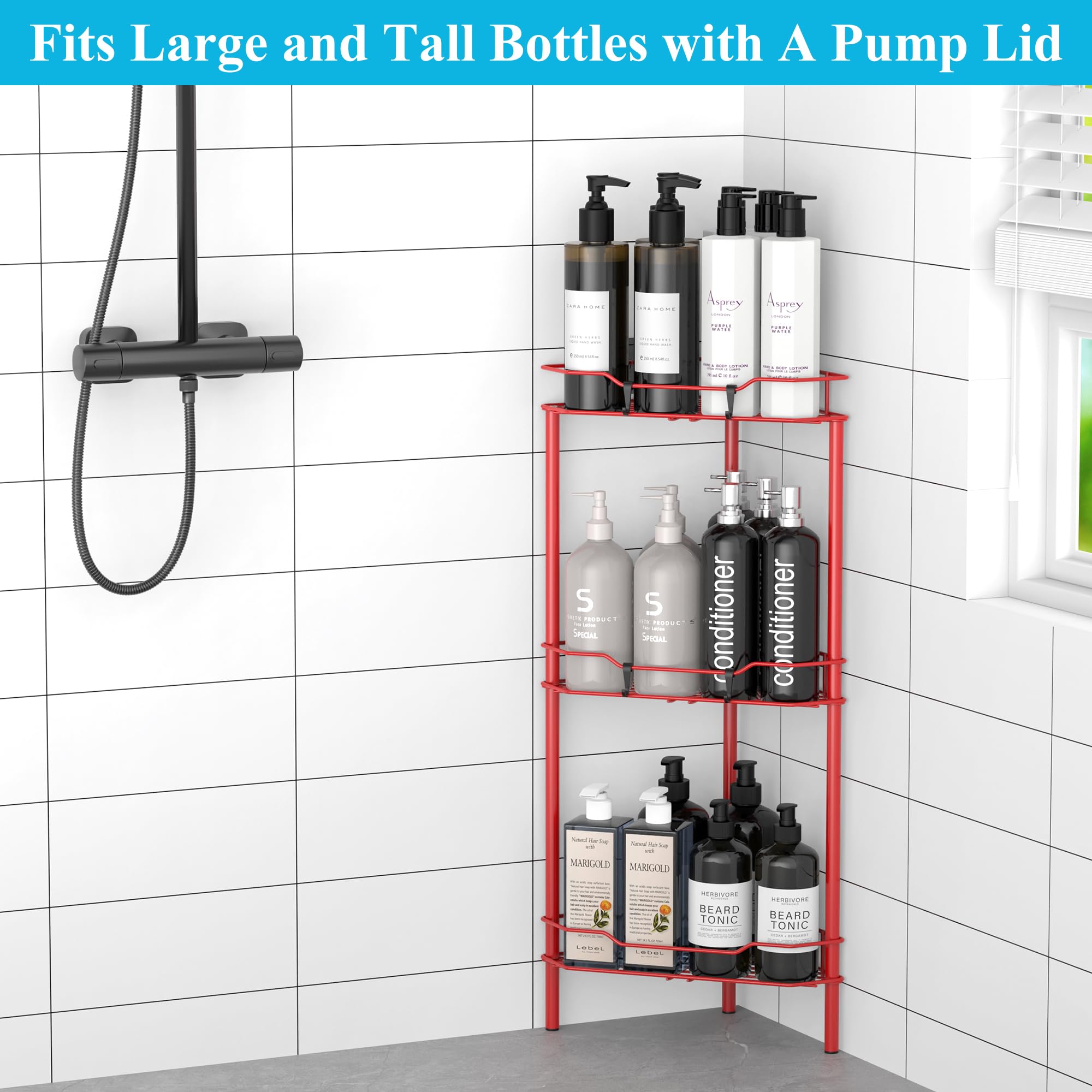 Huggiegems 3 Tier Floor Standing Corner Shower Caddy Organizer Shelf With Hooks, Bathroom Shelves Stand Rack, Red