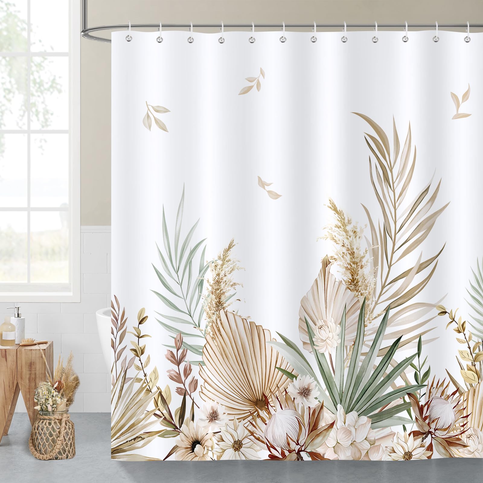 Bonhause Boho Leaves Shower Curtain, Watercolor Tan Leaf Floral Plant Modern Bathroom Curtain 72X72 Inch Polyester Fabric Waterp
