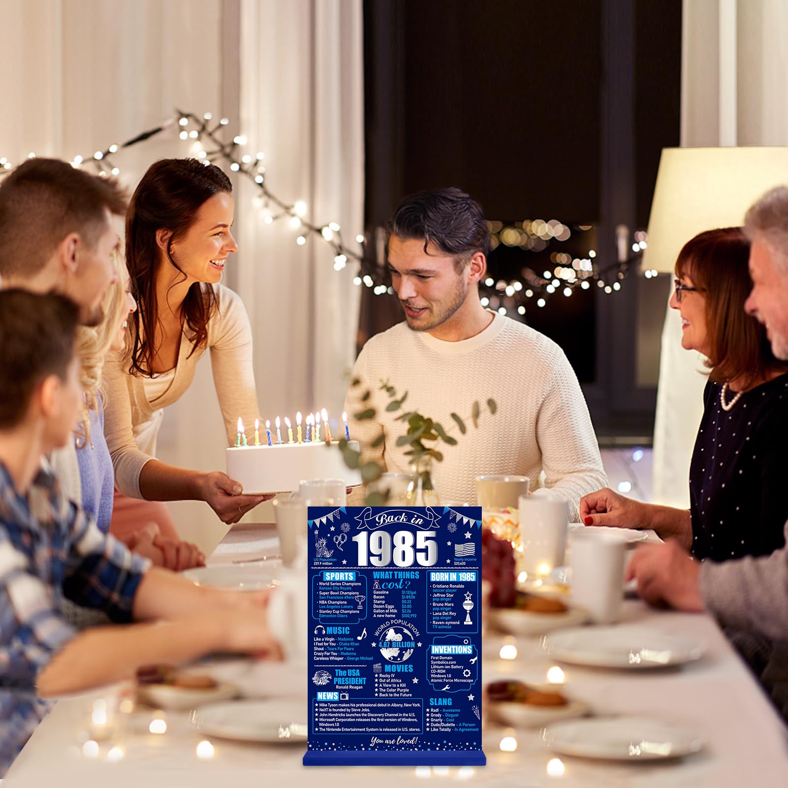 Eiurteao 40th Birthday Decorations Back in 1985 Table Sign for Men, Blue Silver 40 Birthday Two-Sided Wooden Table Poster with S