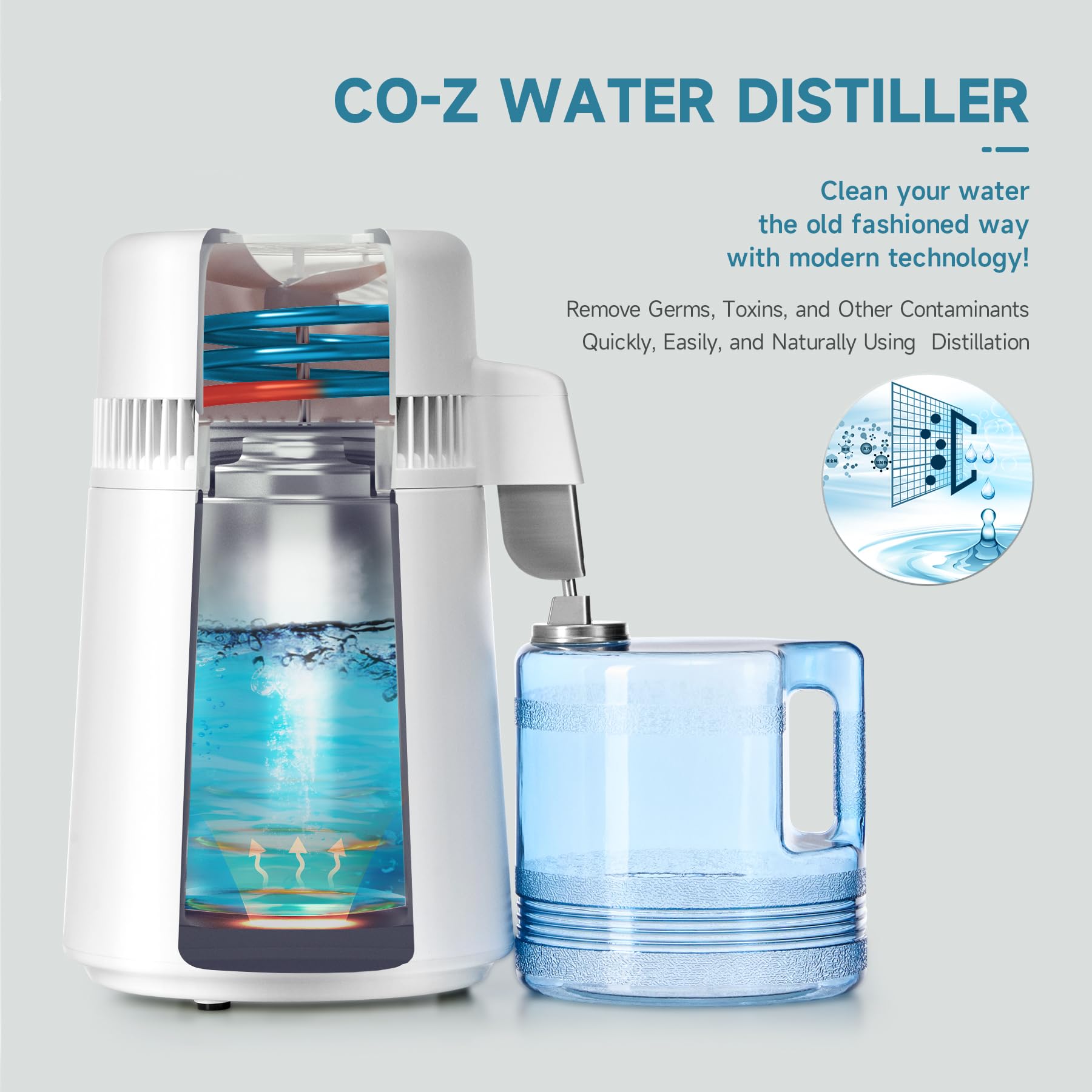 Co-Z Distilled Water Maker, 1 Gallon Water Distiller, 4L Home Countertop Water Distiller Machine, Table Desktop Water Distill Di