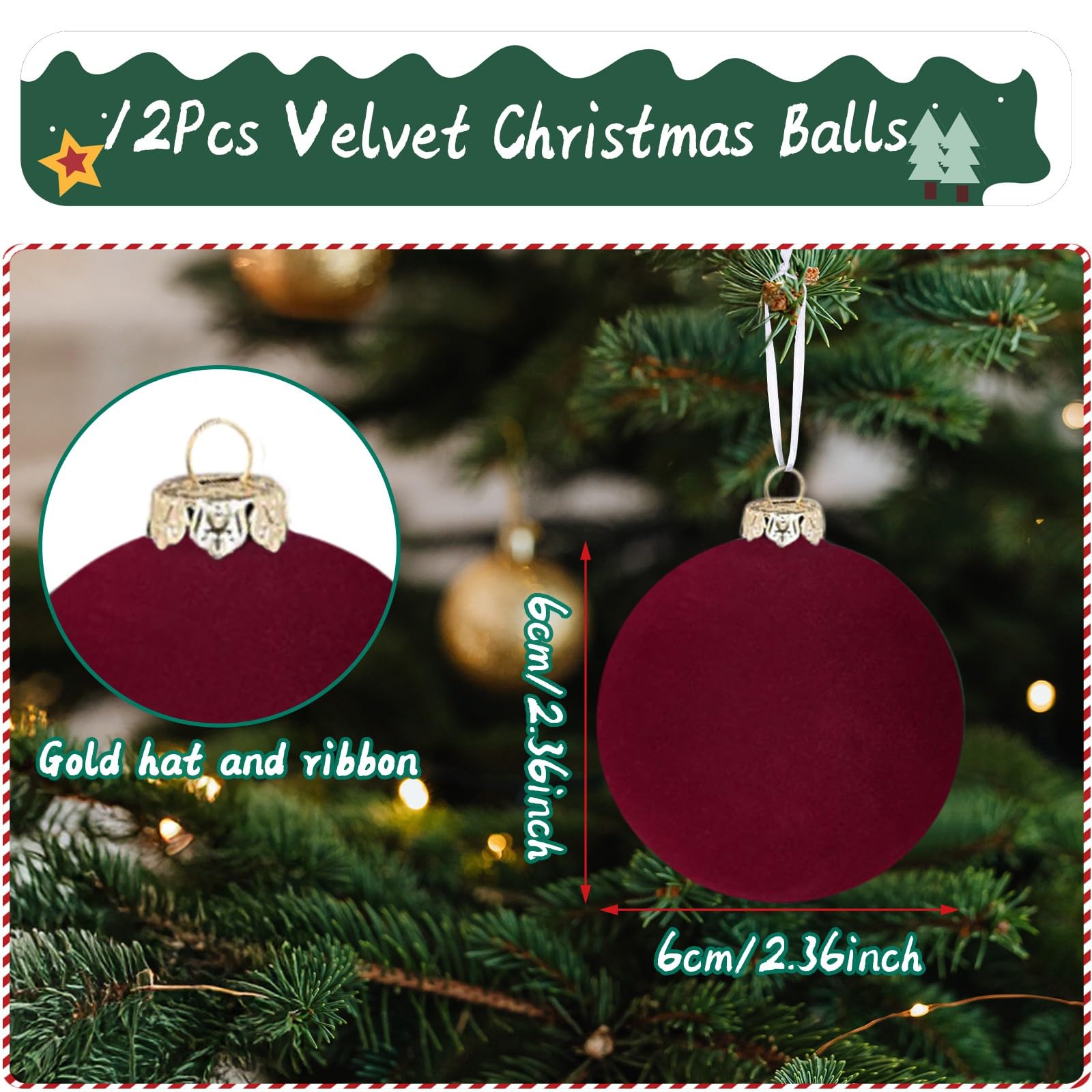 12pcs Christmas Tree Hanging Ball Decoration 2.4Inch Velvet Christmas Ornaments Balls Flocked Shatterproof Plastic Xmas Tree Bal