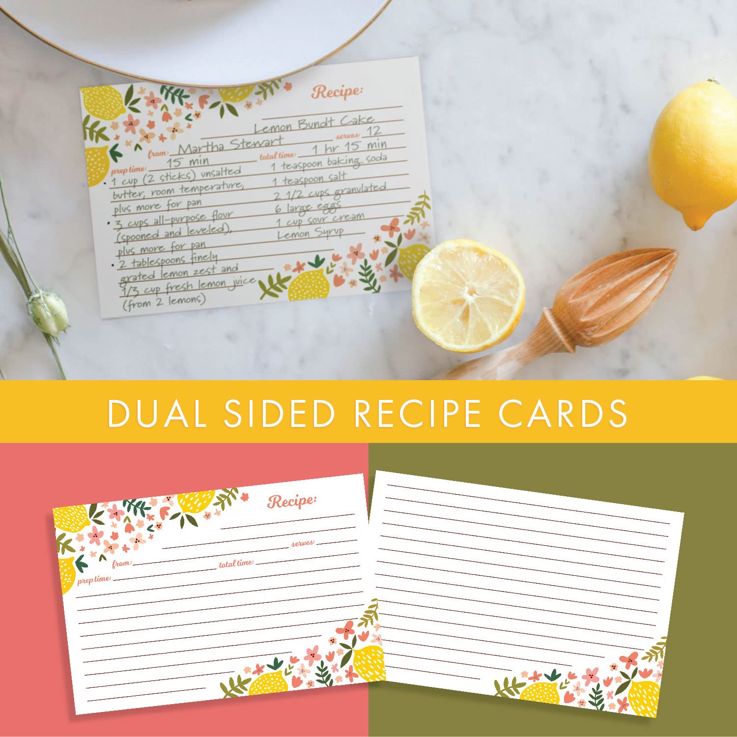 Jot & Mark 3 Ring Recipe Binder with 50 Cards, 25 Sleeves, 6 Dividers, 8.5" x 9.5", Summer Citrus