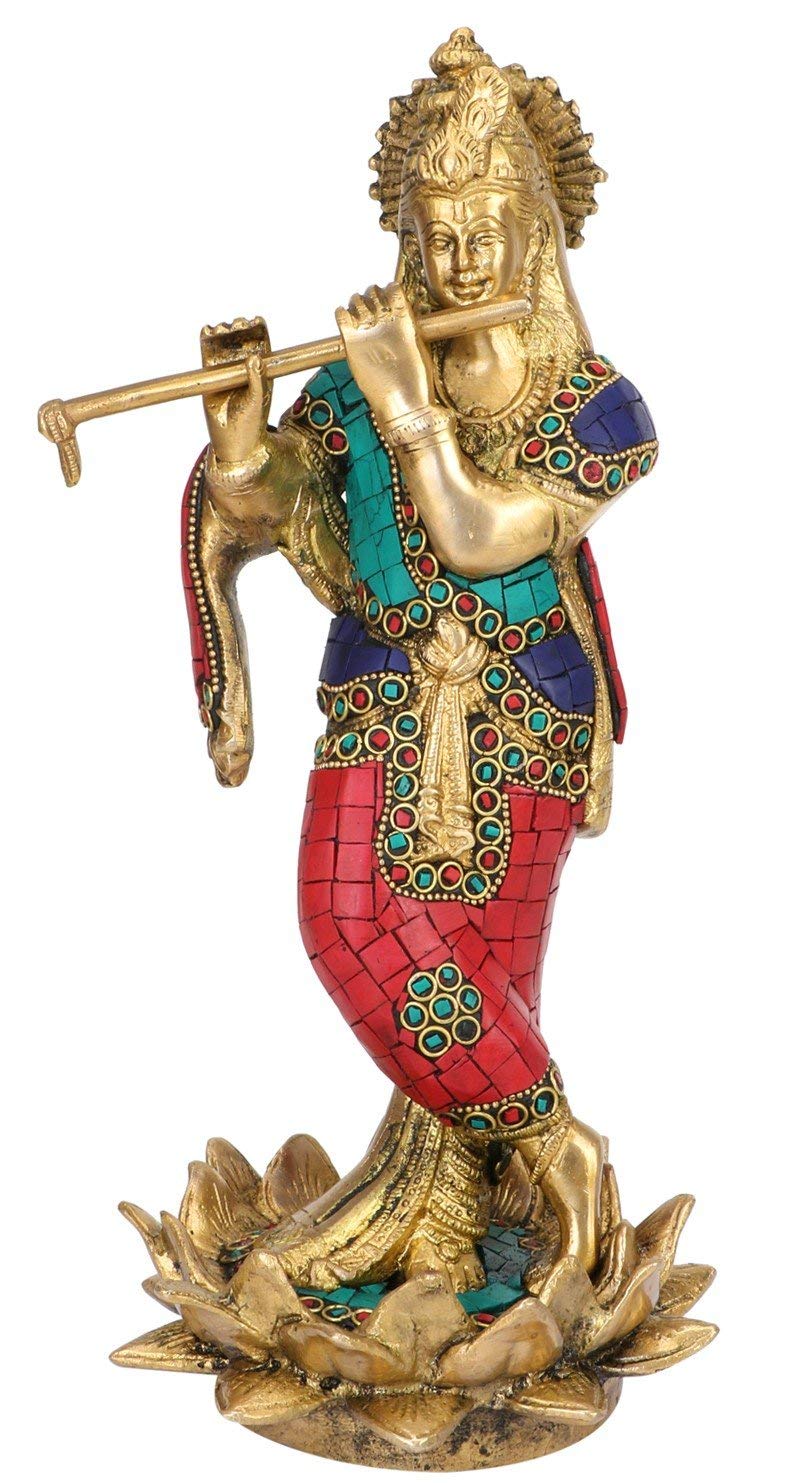 ARTVARKO Brass Murti Lord Krishna Bhagwan Statue Playing Flute on Colored Lotus Turquoise Home Decor Living Pooja Room Mandir Te