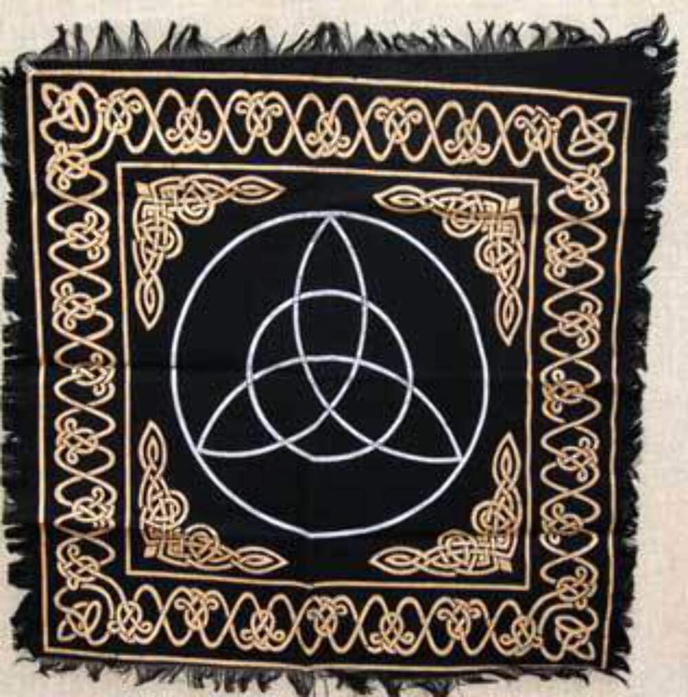 New Age Imports, Inc. Altar Tarot Cloth: Triquetra - 24'' X 24'' (Gold/Silver On Black Triquetra/Charm Design)