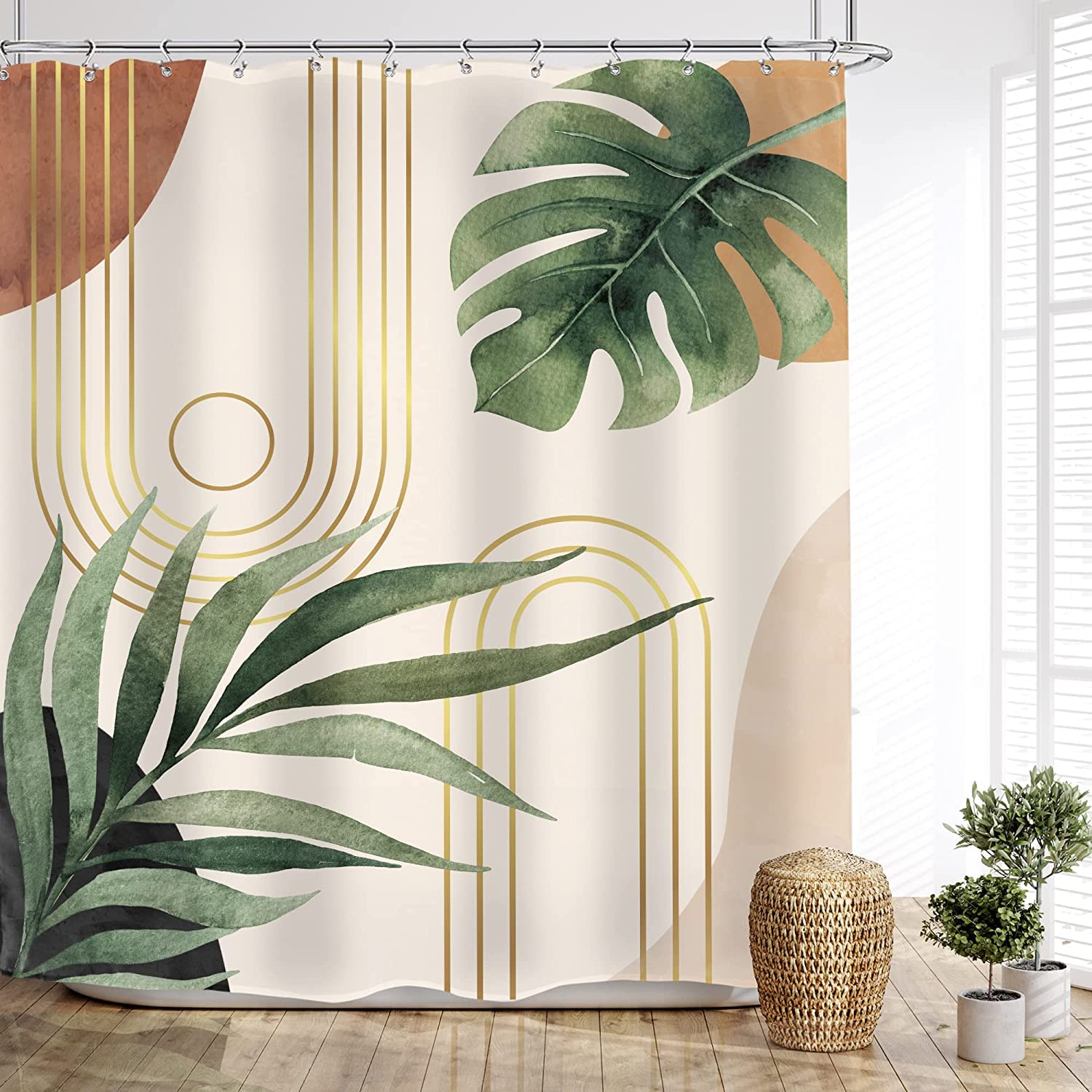 Glawry Abstract Extra Long Shower Curtain 72Wx84L Inches Tropical Leaf Mid Century Modern Geometric Contemporary Boho Bathroom P