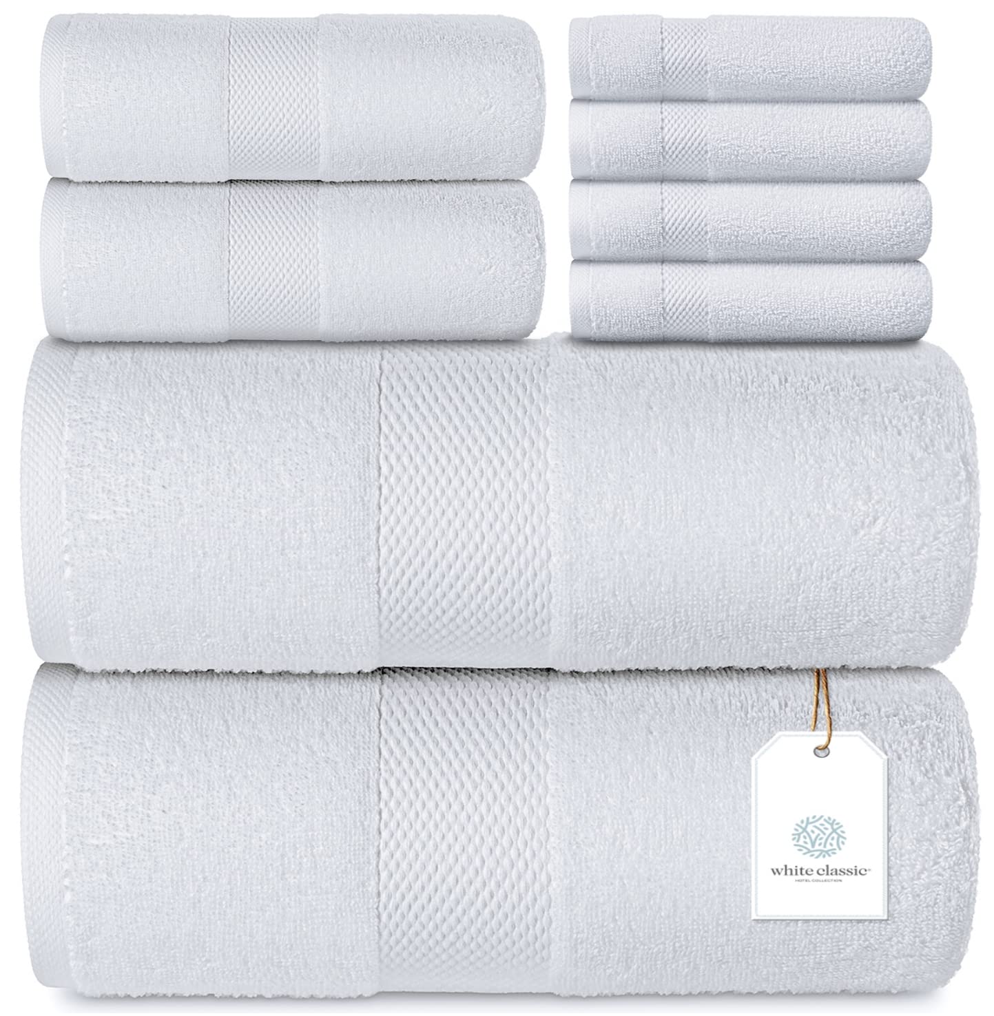 Luxury White Bath Towel Set - Combed Cotton Hotel Quality Absorbent 8 Piece Towels | 2 Bath Towels 700Gsm | 2 Hand Towels | 4 Wa