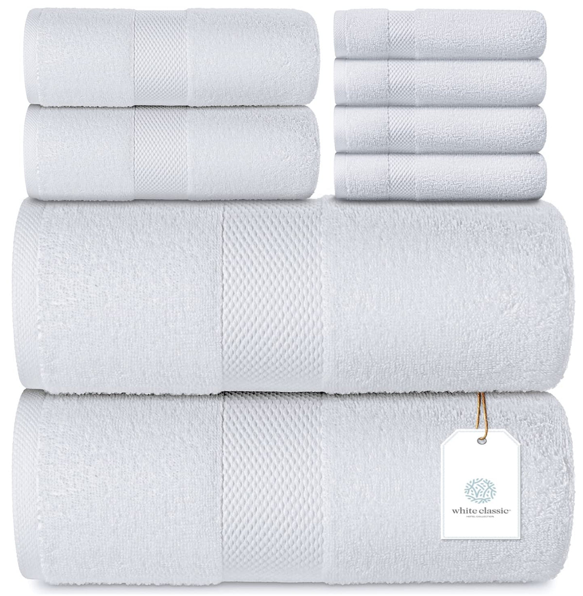 Luxury White Bath Towel Set - Combed Cotton Hotel Quality Absorbent 8 Piece Towels | 2 Bath Towels 700Gsm | 2 Hand Towels | 4 Wa
