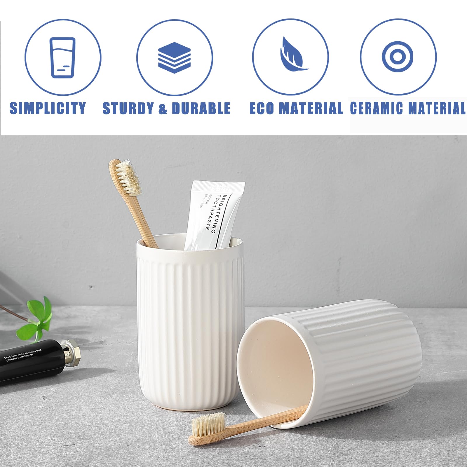 White Toothbrush Holders For Bathrooms - 2 Cups Ceramic Toothbrush Toothpaste Holders Set, White Bathroom Tumbler Cups Reusable