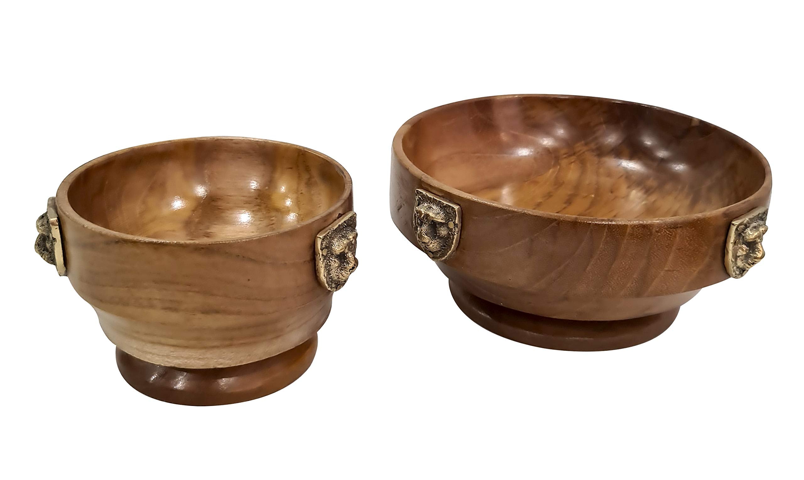 Collectiblesbuy Natural Wood Lion Metal - Set Of 2 Vintage Wooden Serving Bowl Handcrafted Contemporary Sustainable