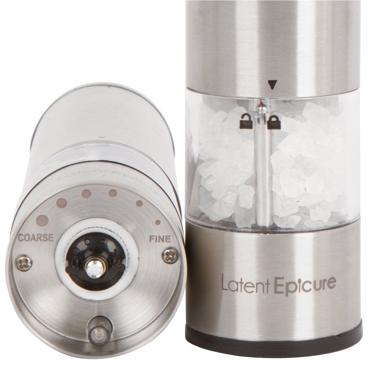 Latent Epicure Battery Operated Salt and Pepper Grinder Set - Complimentary Mill Rest | Bright Light | Adjustable Coarseness
