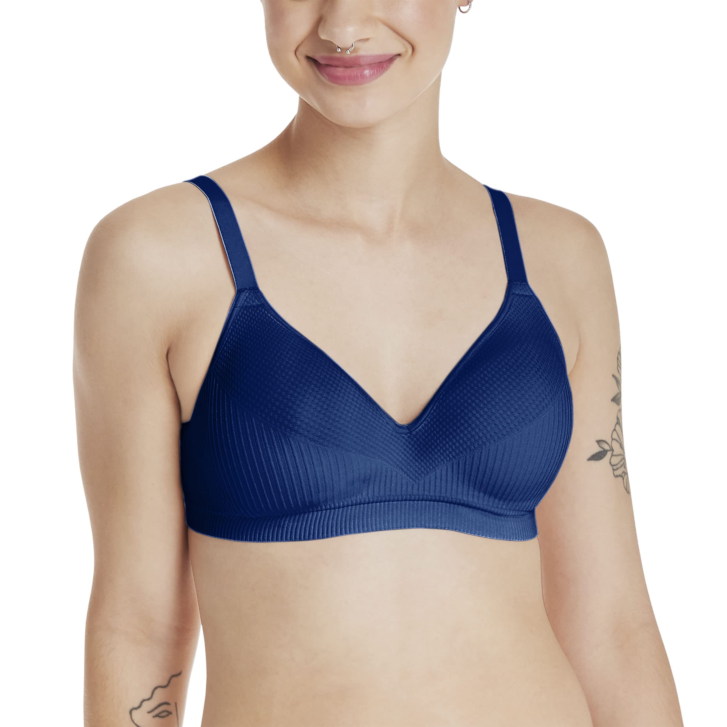Hanes Womens Perfect Coverage Wireless Bra With Foam, Comfortflex Fit, Smart Sizes S-3Xl, In The Navy Rib, Large