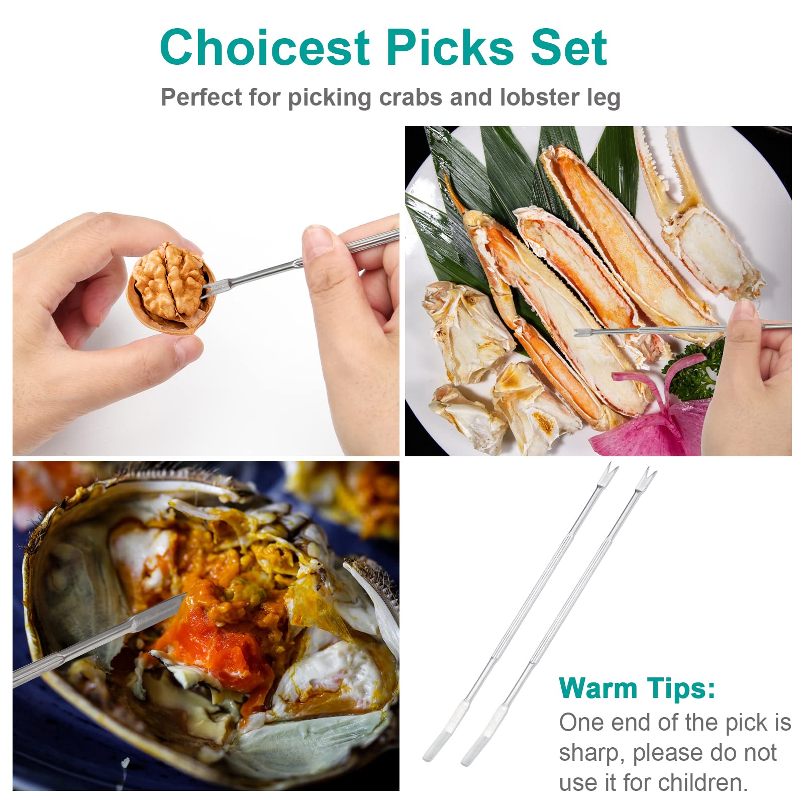 Anglekai Nut Crackers, 8Pcs Multi-Purpose Cracker Tools - Stainless Steel Seafood Pecan Crackers Forks, Non-Slip Handle Walnut C