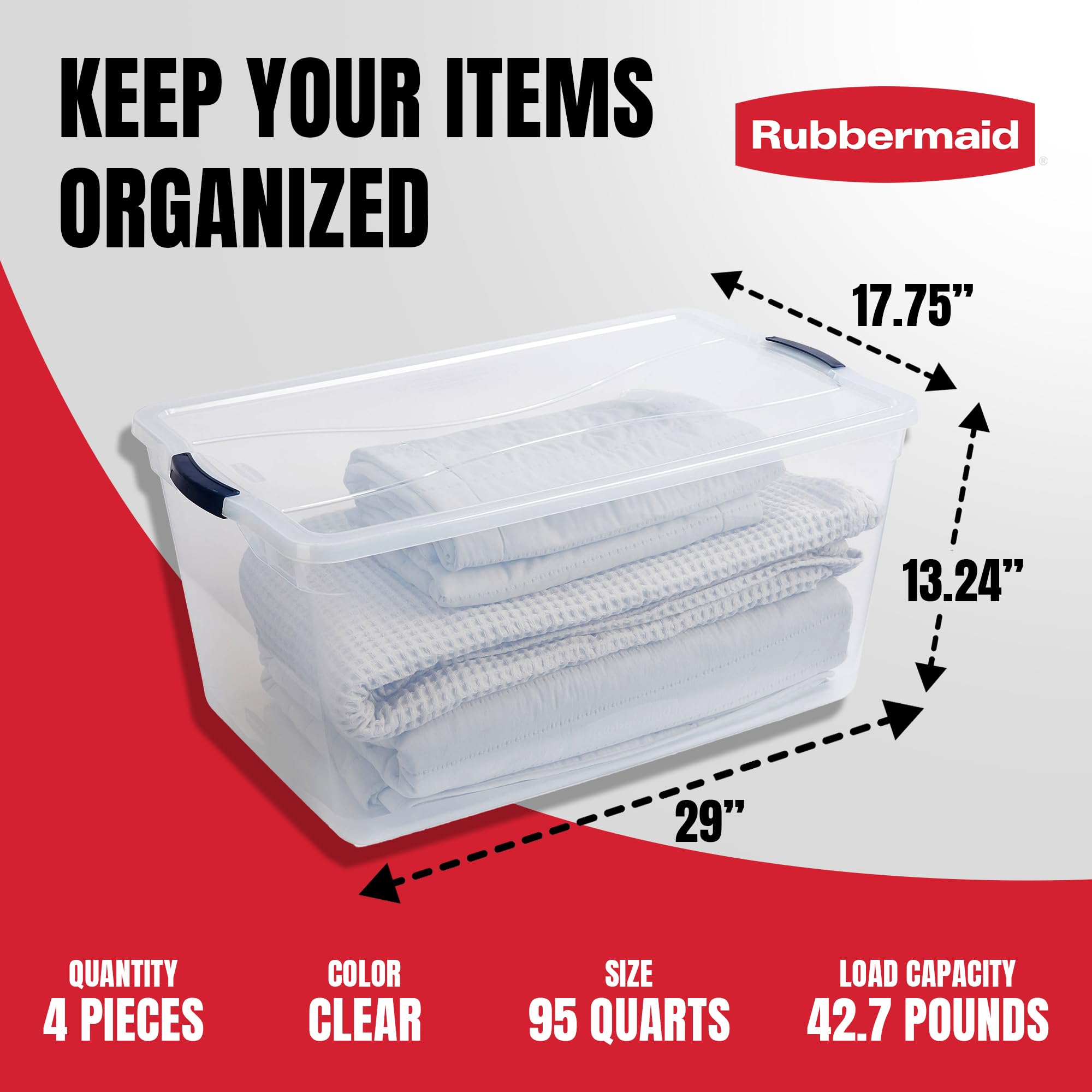 Rubbermaid Cleverstore Clear 95 Qt, 4-Pack, Made In Usa, Stackable Large Clear Storage Bins With Lids, See-Through Plastic Stora