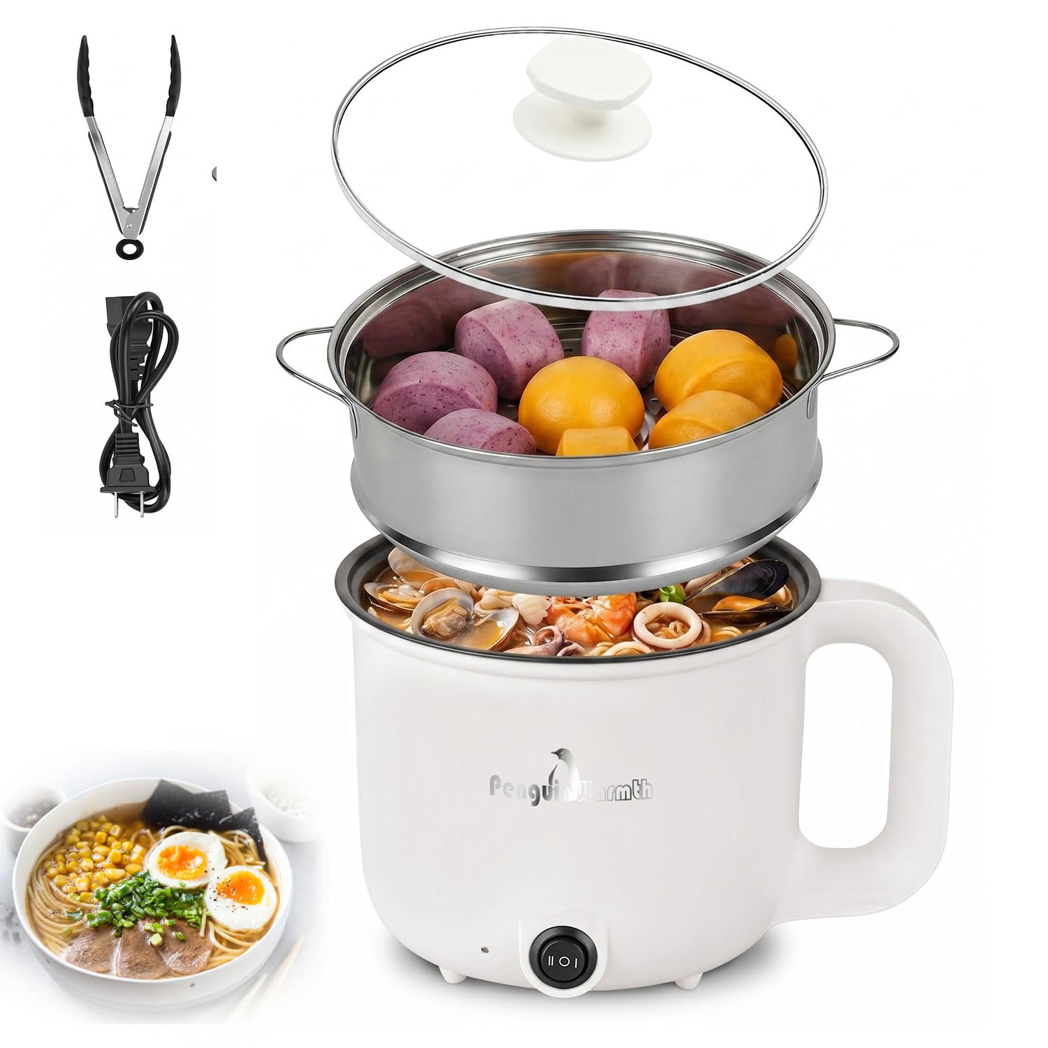 1.8L Mini Portable Hot Pot with Steamer Electric Hot Pot 300W 600W Shabu Shabu Pot with Dual Power Control Portable Travel Cooke