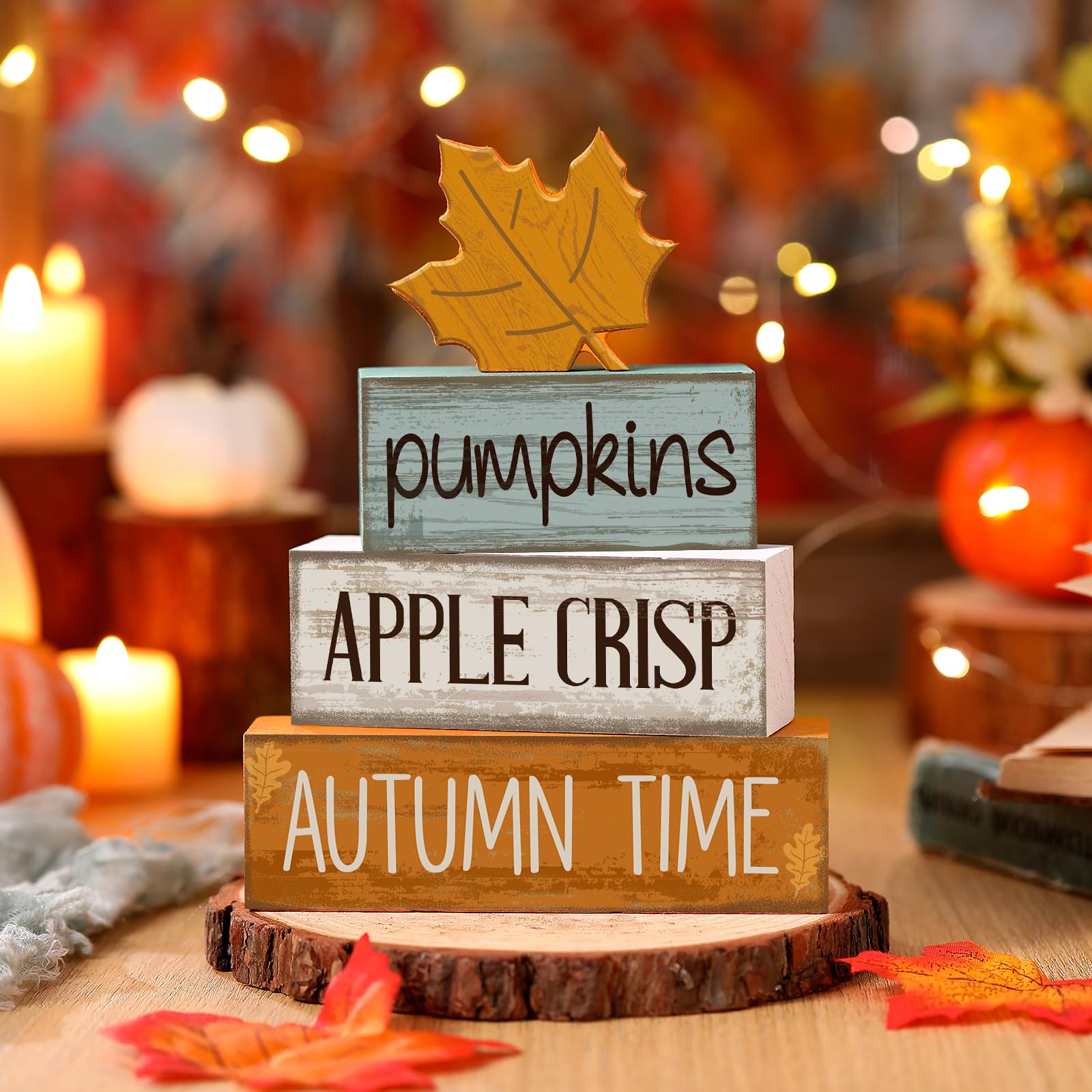 Lineshading 4 Pcs Thanksgiving Decoration for Home Wooden Maple Leaf Fall Tiered Tray Decor Thanksgiving Centerpiece Rustic Deco