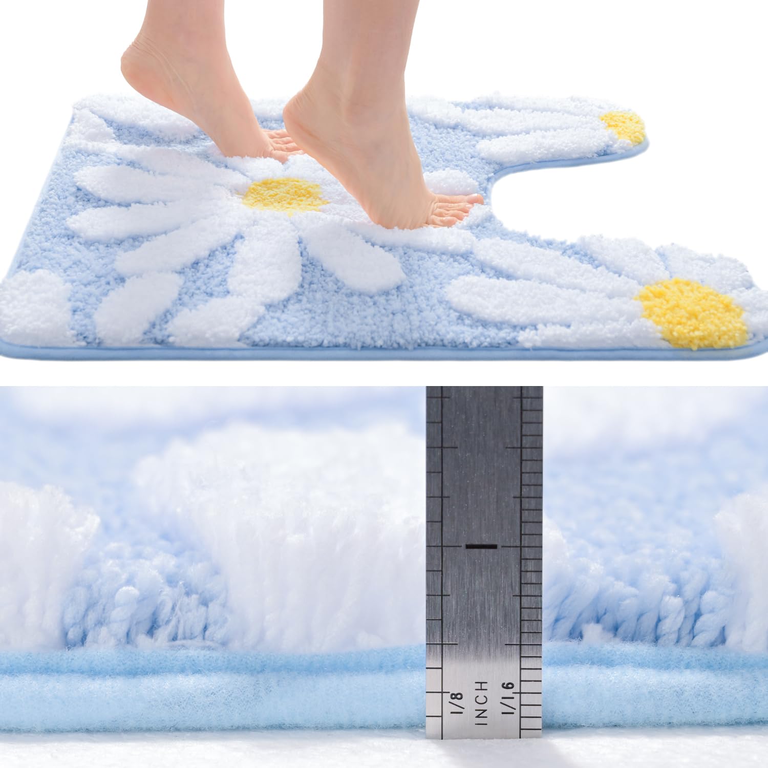 Qjhomo Toilet Rugs U Shaped, Blue Toilet Mat Cute Daisy Contour Bath Rug 20''X20'', Extra Thick Soft Machine Washable Toilet Car