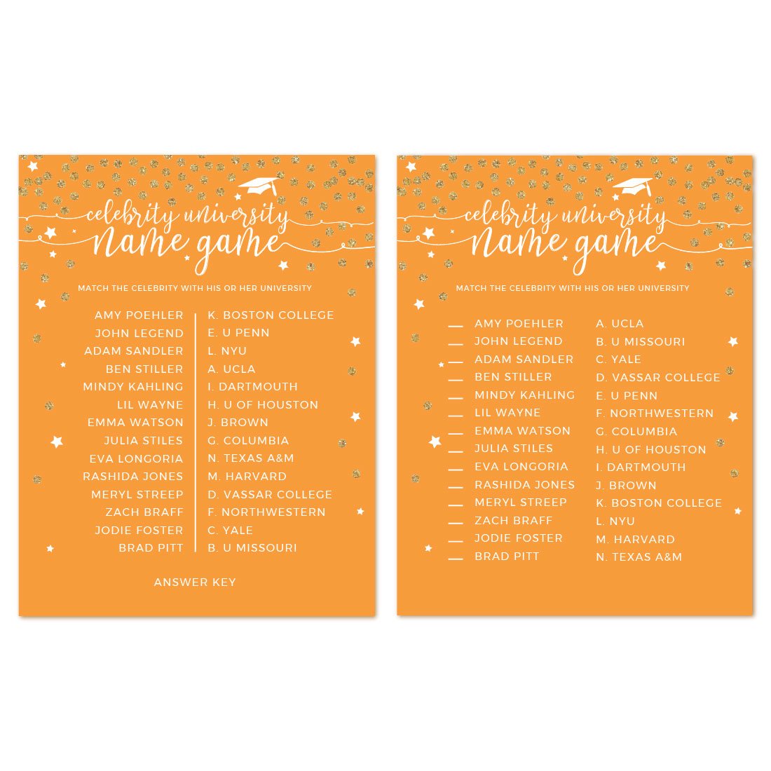 Andaz Press Orange And Gold Glittering Graduation Party Collection, Celebrity Name Game Cards, 20-Pack, Games Activities And Dec