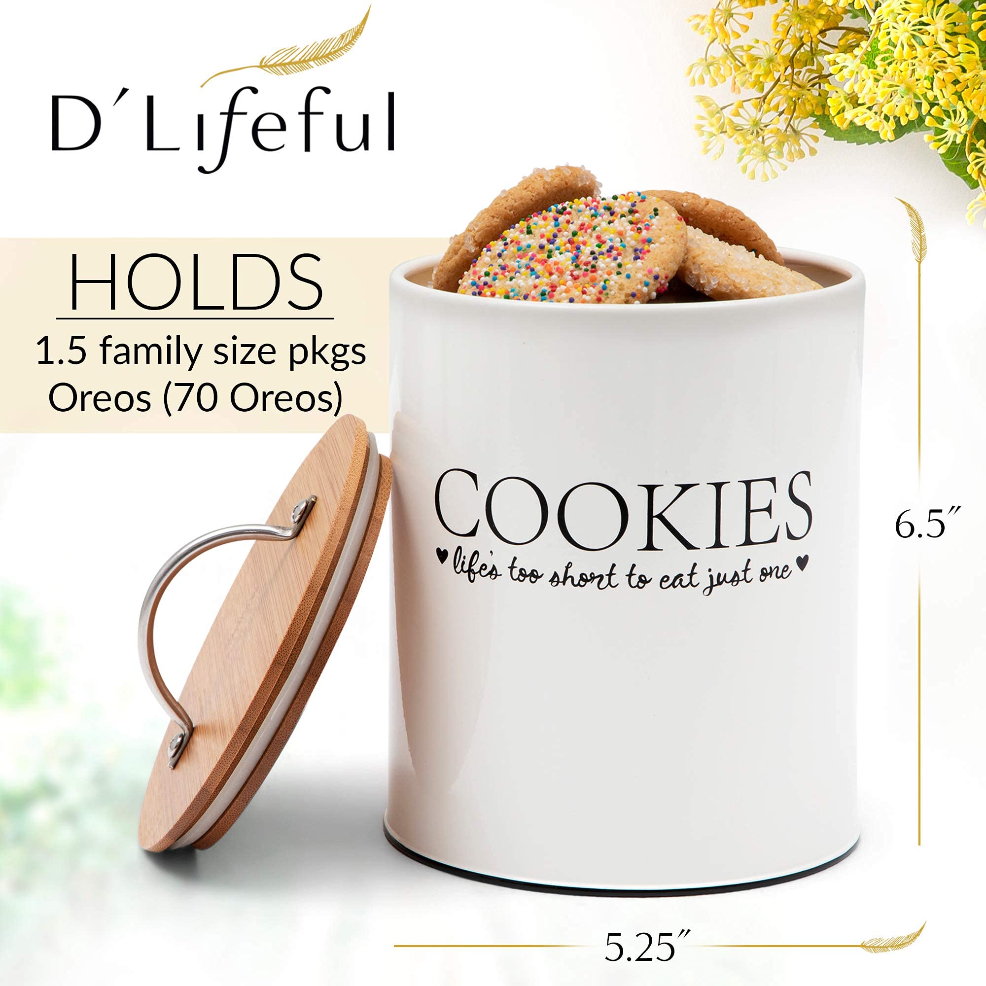 D'Lifeful Farmhouse Airtight Cookie Jar With Bamboo Lid - Kitchen Counter Storage Container For Cookies Or Even Candy, Decorativ