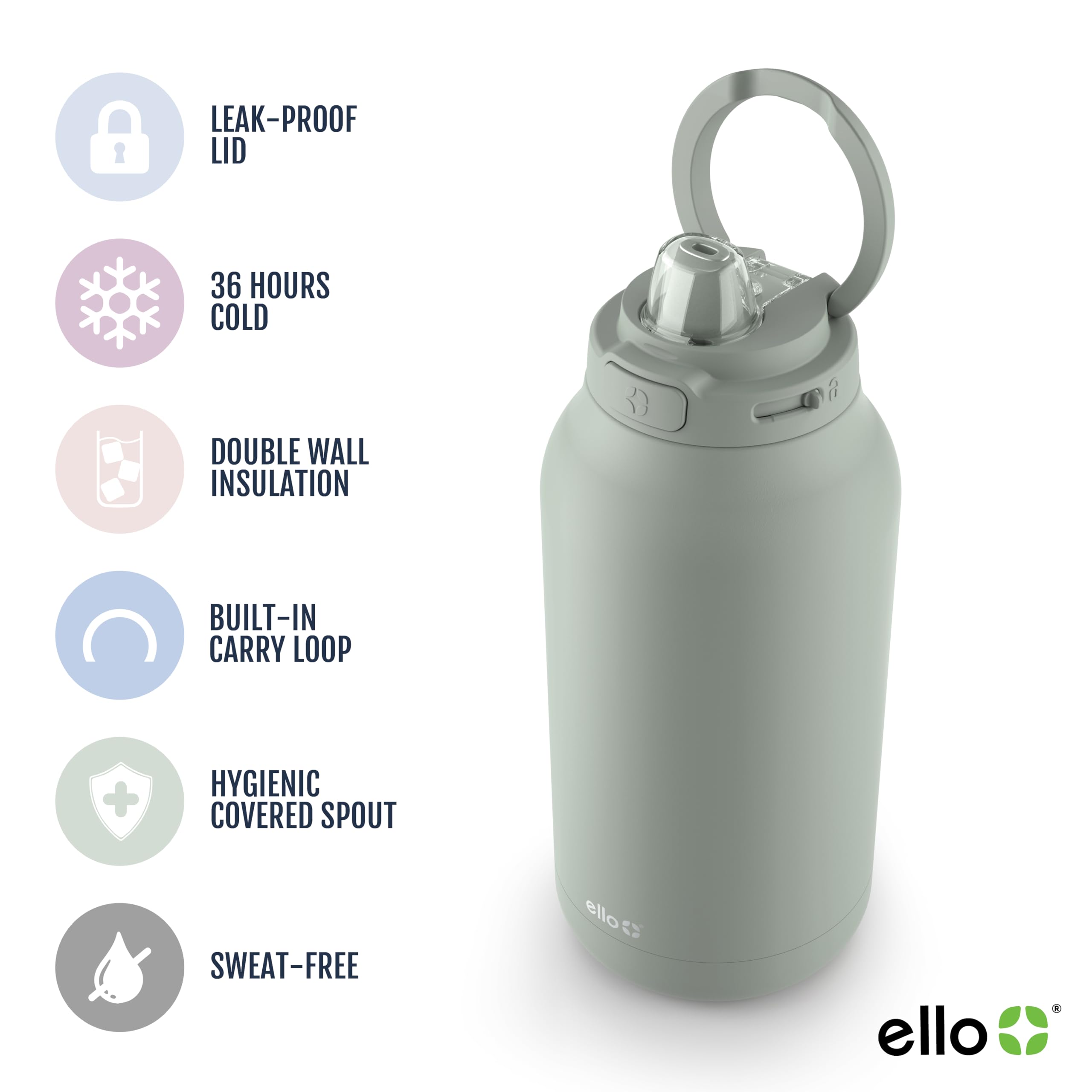 Ello Hydra 64oz Stainless Steel Water Jug with Locking Leak Proof Lid | Reusable Half Gallon Vacuum Insulated Metal Bottle with