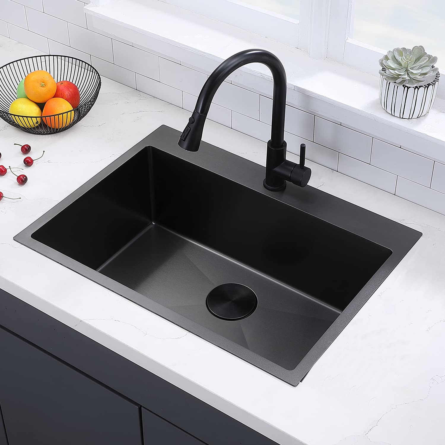 Vccucine 33 Inch Black Drop In Kitchen Sink,33 X 22 Inch Gunmetal Black Single Bowl Stainless Steel Basin Topmount Kitchen Sink,