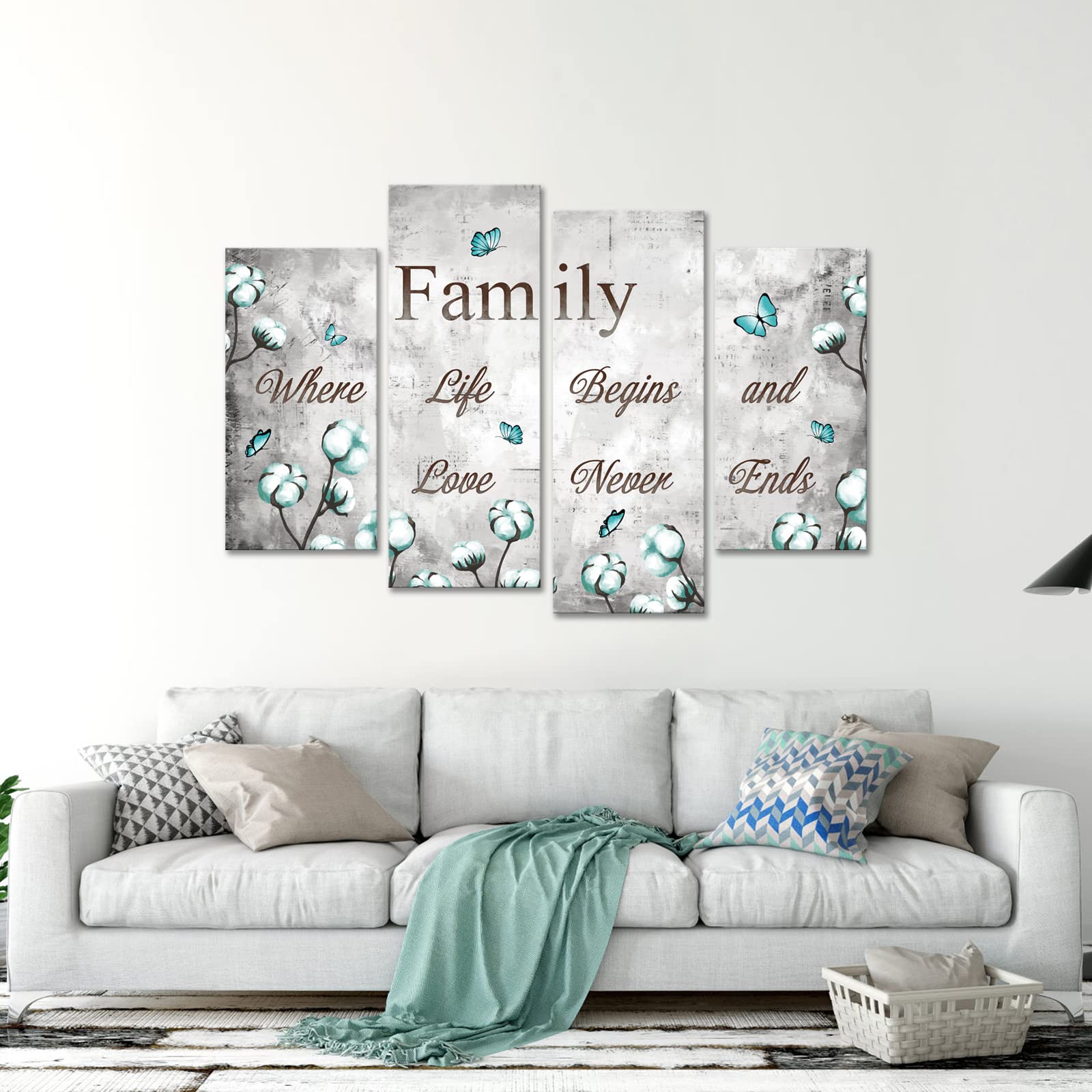 Fushvre Family Wall Art Teal And Grey Pictures Wall Decor Family Sign Canvas Painting For Home Living Room Bedroom Decoration Fr