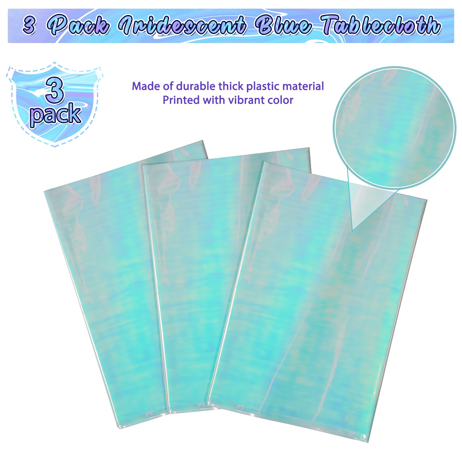 3 Pack Iridescent Blue Plastic Tablecloth, Shiny Blue Disposable Laser Rectangle Table Covers, Blue Holographic Foil Tablecloth
