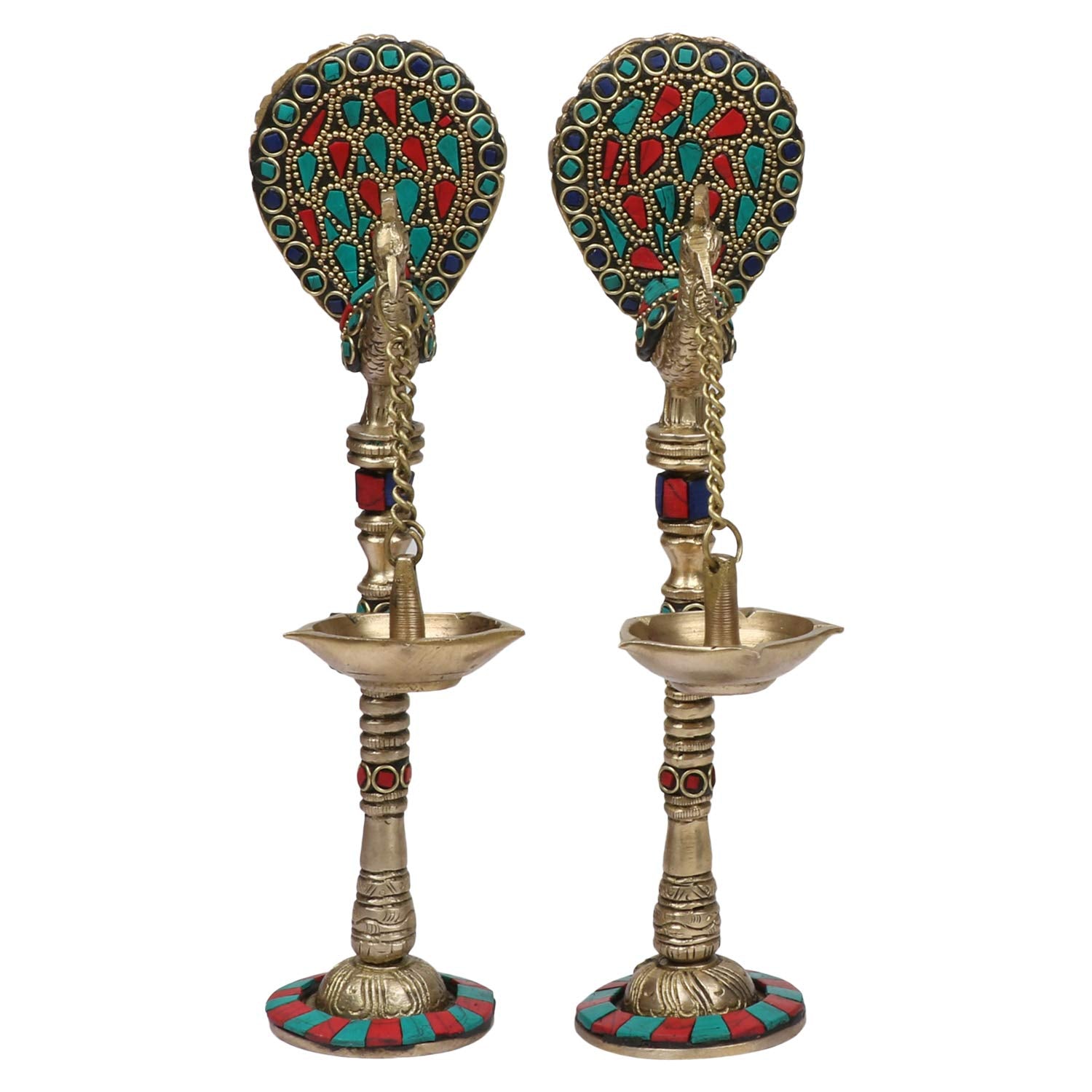 Kartique Brass Diya Stand (6.4 x 6.4 x 23.5 cm, Multicolour), Standard (MNPEACOCKDIYA1000GM)