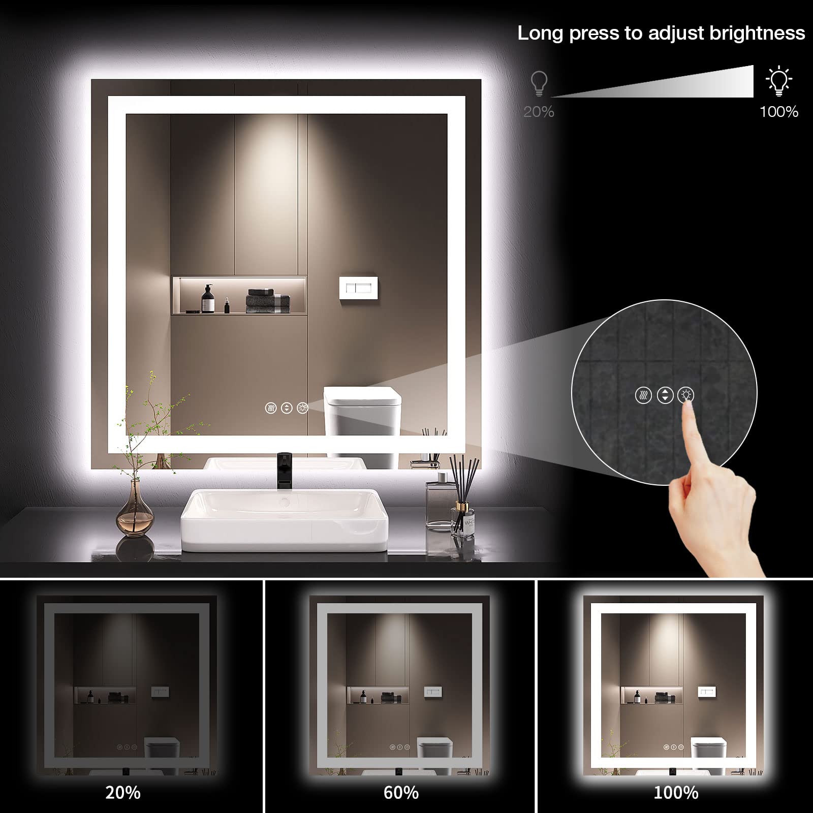 LOAAO 36X36 LED Bathroom Mirror with Lights  Anti-Fog  Dimmable  Backlit + Front Lit  Lighted Bathroom Vanity Mirror for Wall  Memory Function  Tempered Glass  Safe to Use  ETL Listed