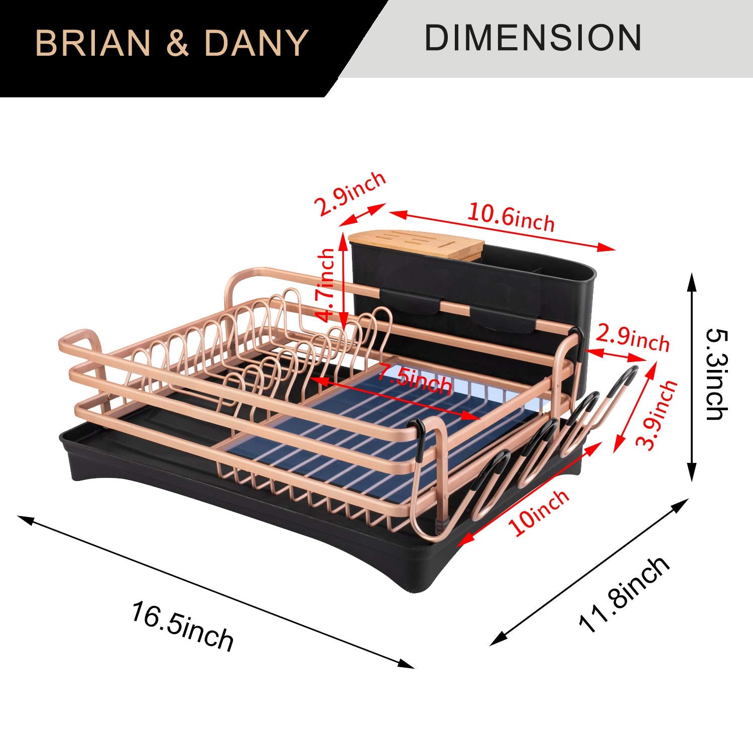 Brian & Dany Aluminum Dish Drying Rack, Dish Racks For Kitchen Counter, Dish Drainer With Removable Cutlery Holder & Cup Holder,