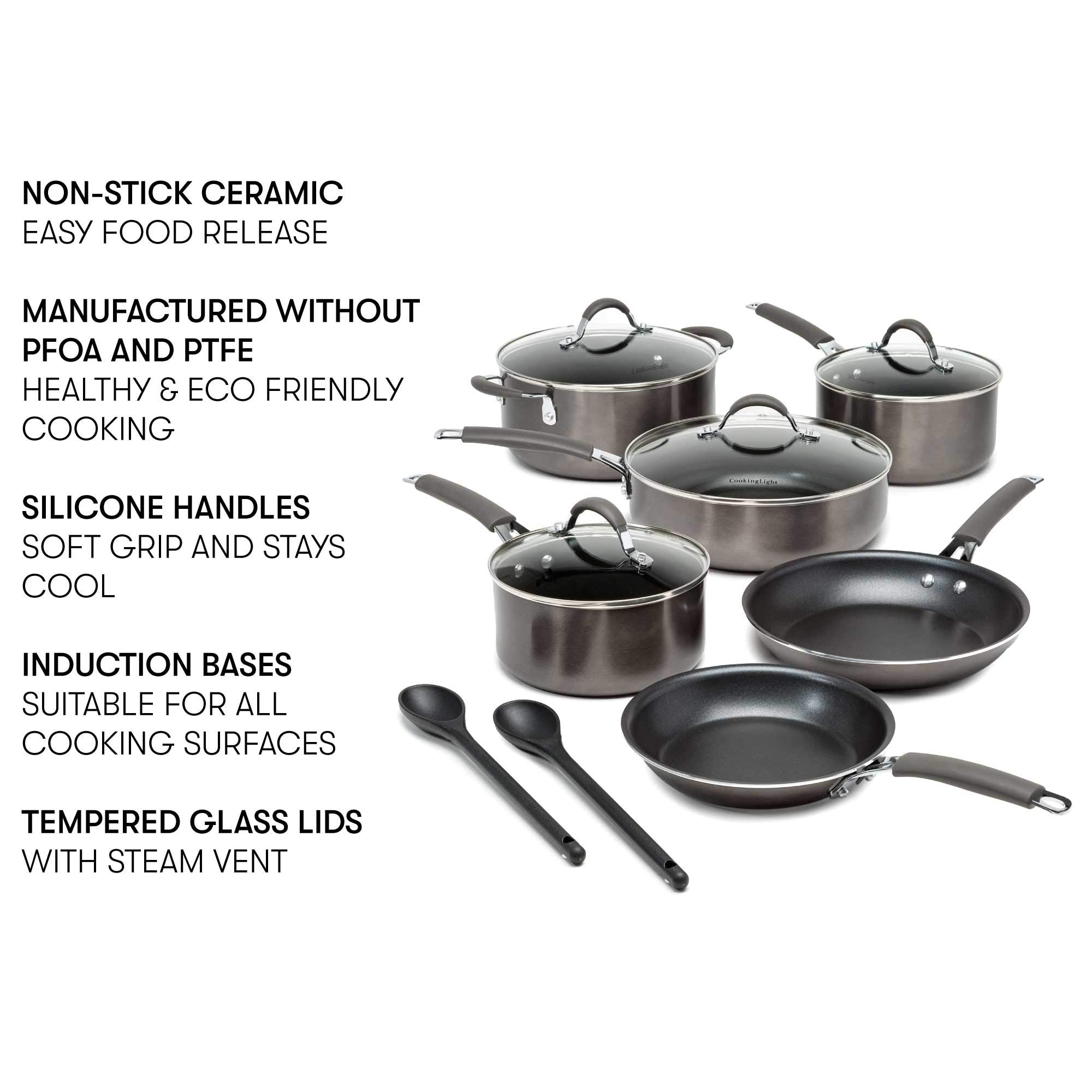 Cooking Light Allure Non-Stick Ceramic Cookware with Silicone Stay Cool Handle, 12 Piece Set, Charcoal