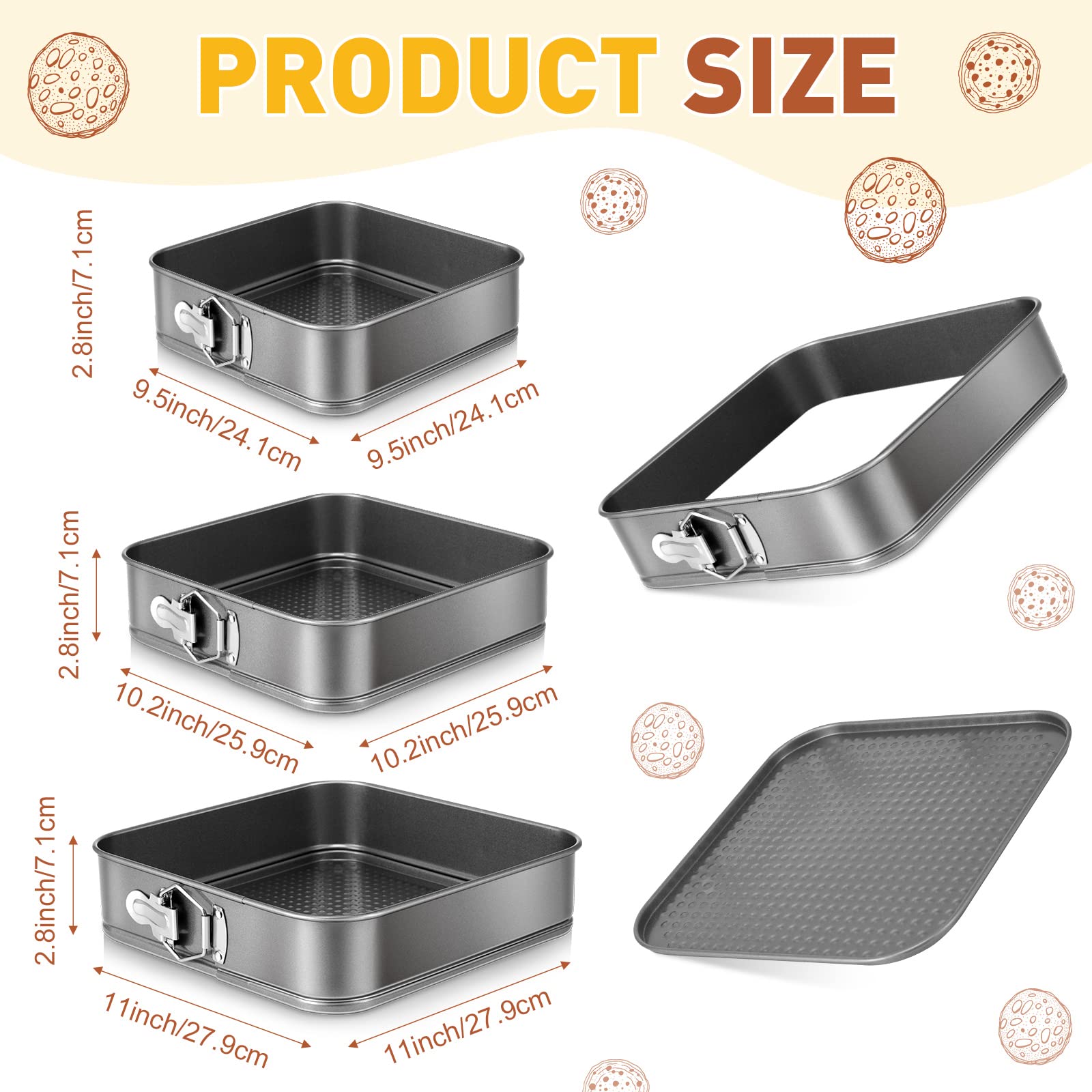 Zubebe Springform Cake Pan Square Non Stick Baking Pan 9.5 Inch, 10.2 Inch, 11 Inch, Set Of 6 Leakproof Square Baking Pan With R