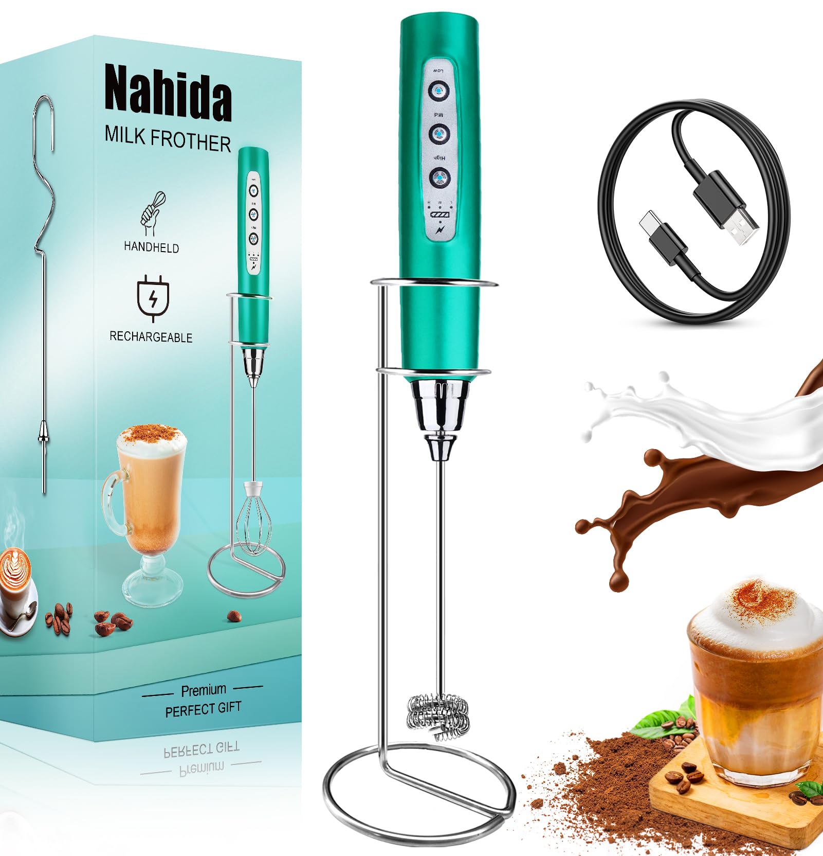 Nahida Turquoise Milk Frother Wand For Coffee Frother Handheld With Stand Electric Whisk With 3 Heads 3 Speeds Drink Mixer Coffe