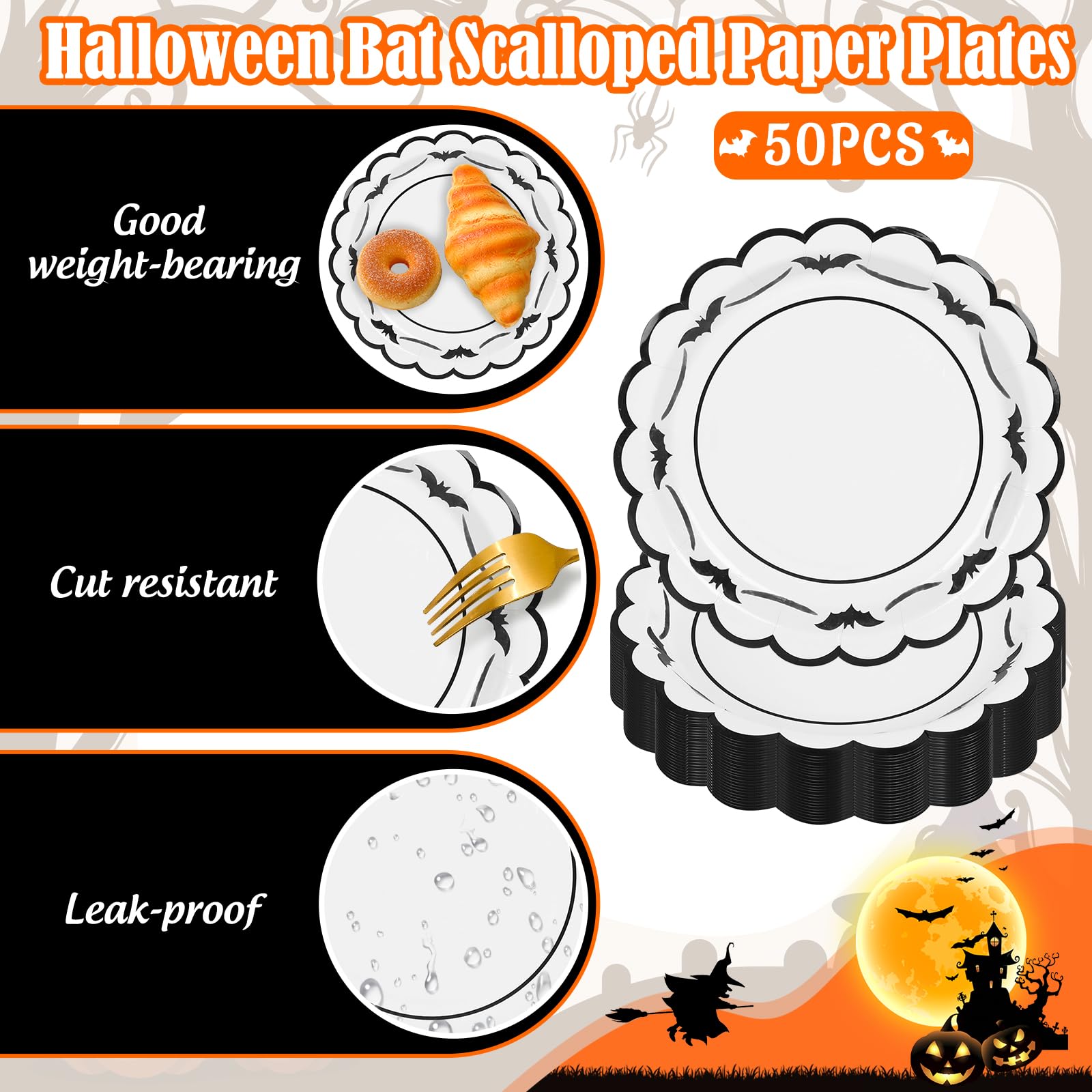 JarThenaAMCS 50 Pcs Halloween Paper Plates Bat Scalloped Disposable Plate Spooky Decorative Tableware for Holiday Party Decor Su