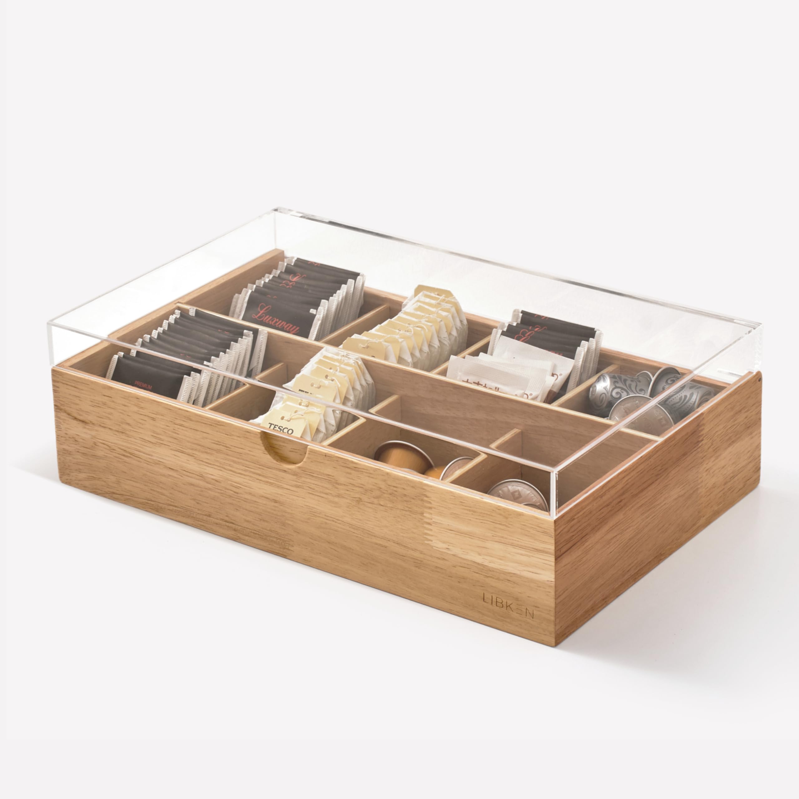 LIBKEN Wooden Tea Bag Organizer Box  8 Compartment Tea Storage with Clear Lid  Minimalist Scandinavian Design  Versatile Wood