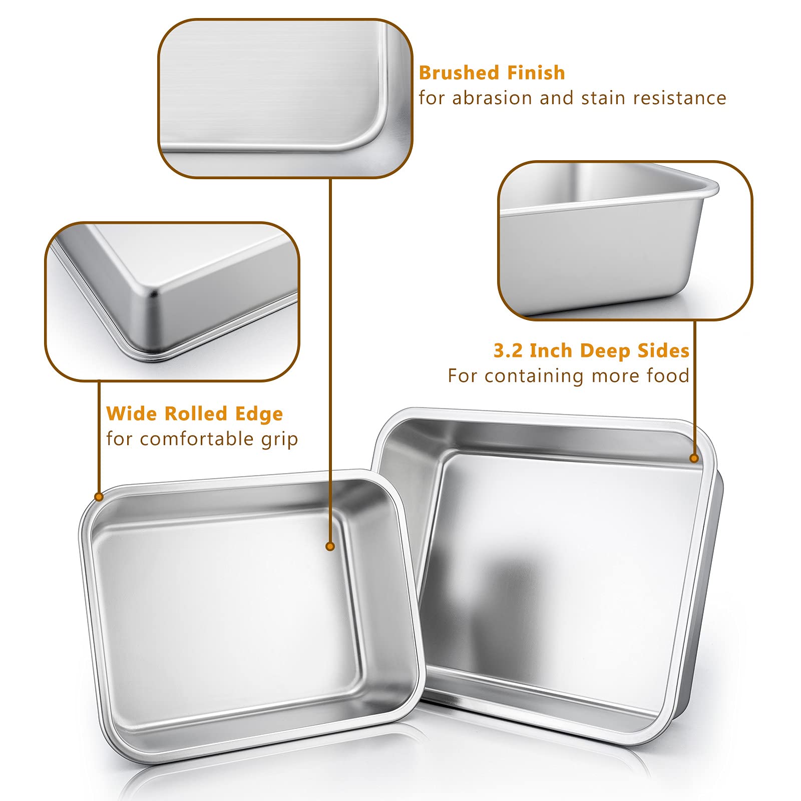 Deep Lasagna Pan Set Of 2, E-Far Stainless Steel Rectangular Roasting Baking Pans, 12.75 X 10 & 10.6X8.3 Inches Roaster Baking D