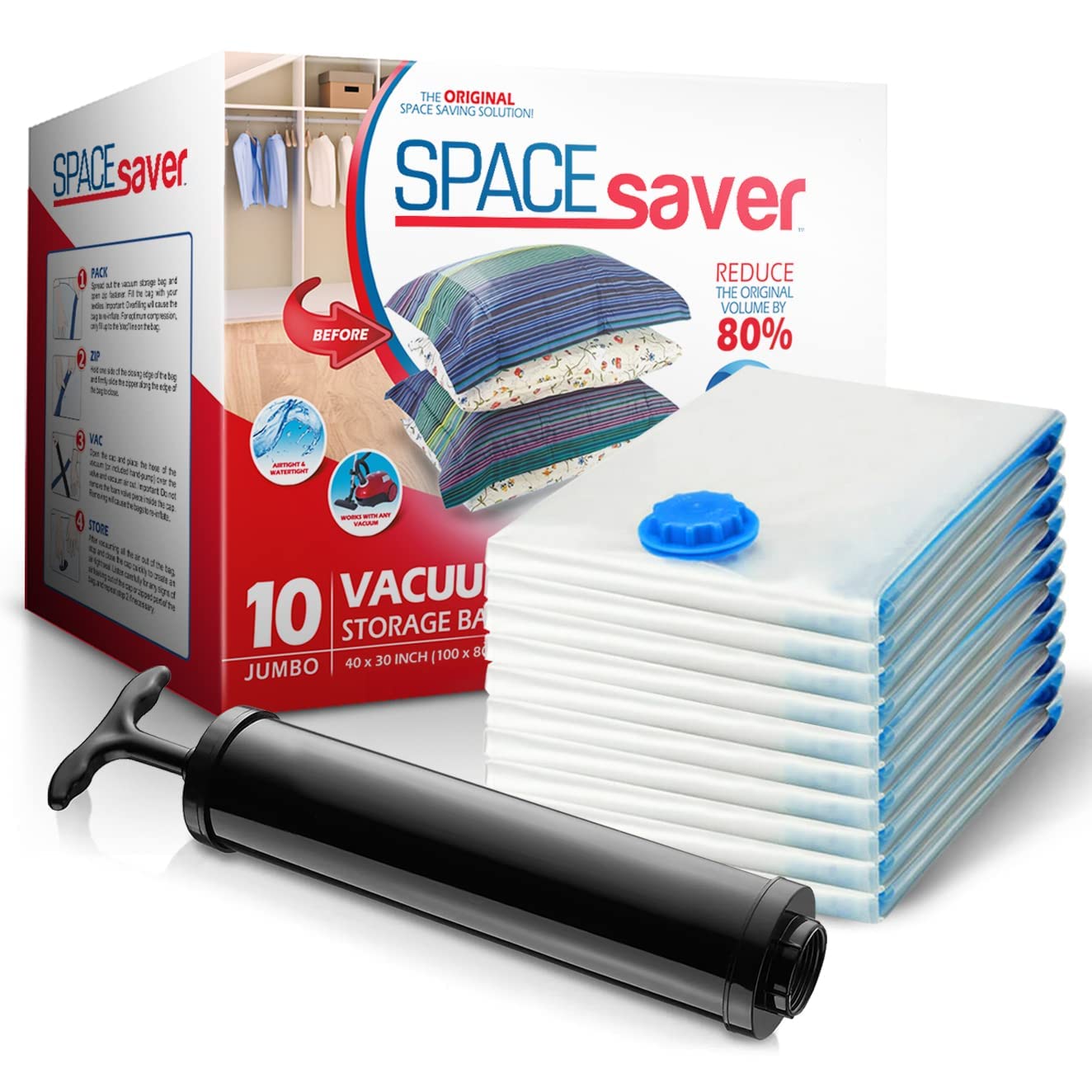 10 Pack Jumbo Vacuum Storage Bags for Comforters, Blankets & Clothes - Jumbo Vacuum Sealed Compression Bags with Hand Pump - Spa