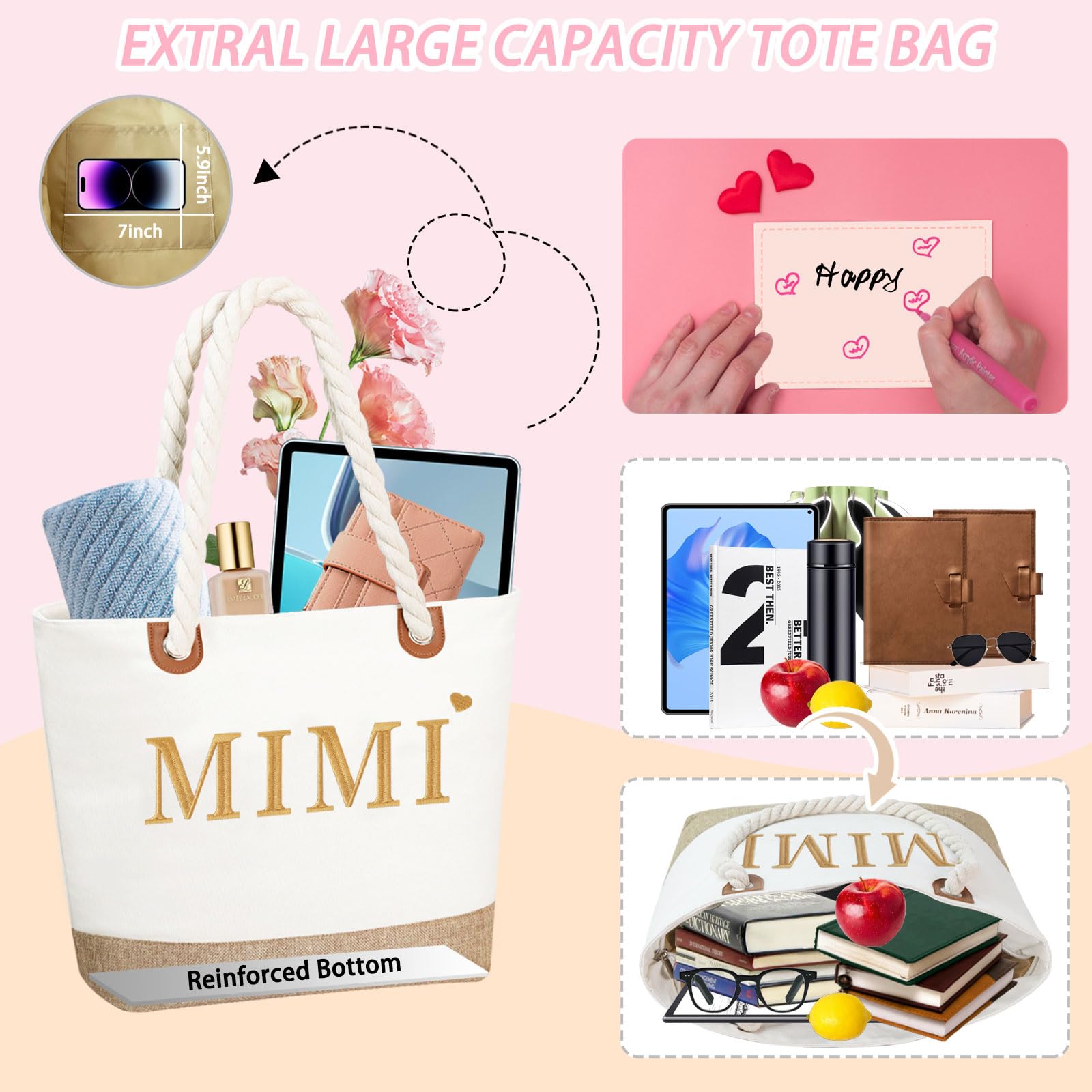 GhvyenntteS Mimi Gifts, Birthday Gifts for Mimi, Mimi Bag with Zipper, Personalized Beach Tote Bag - Perfect for Birthday, Mothe