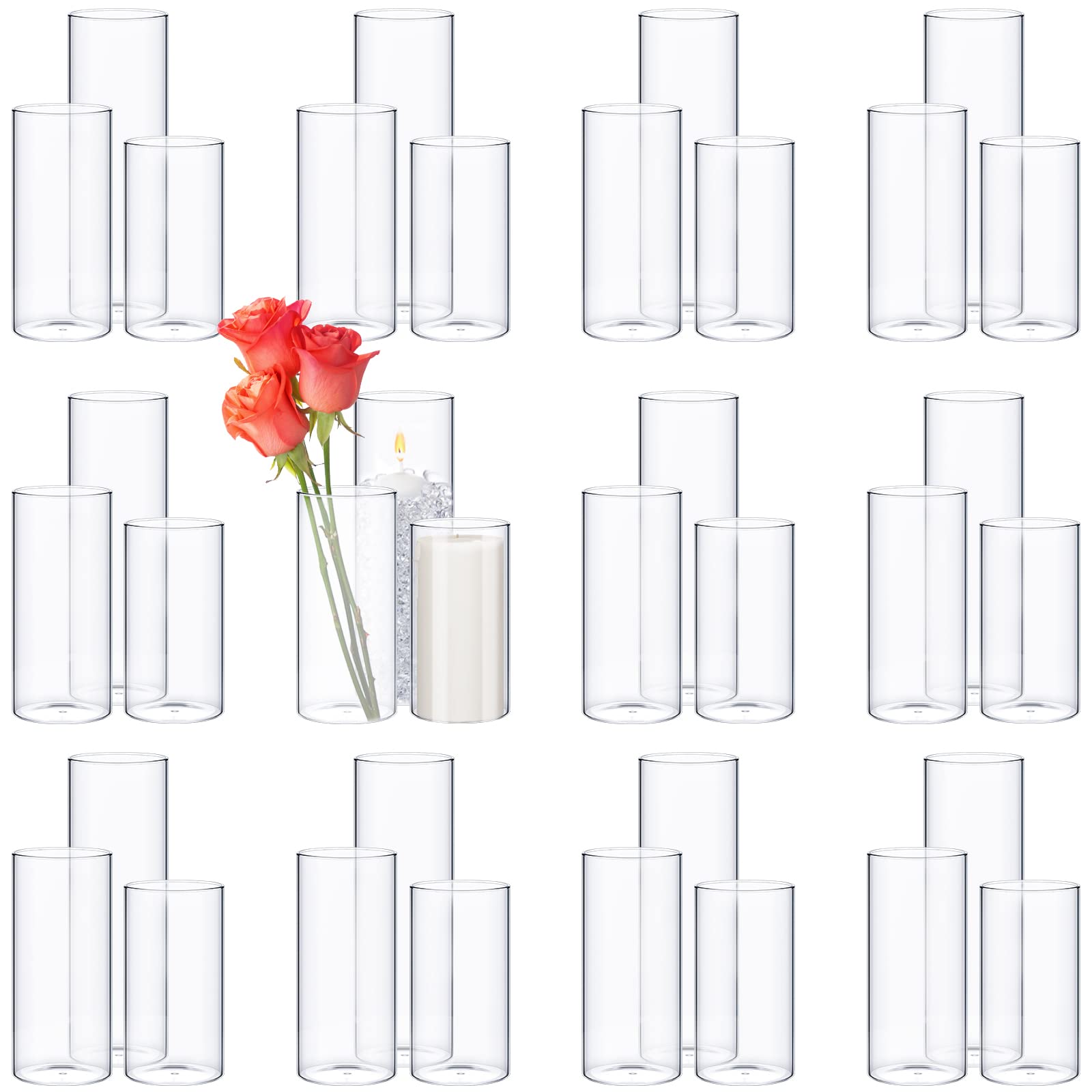Didaey 36 Pcs Glass Cylinder Vases for Centerpieces 5,6,8,10 Inch Tall Clear Flowers Vase Hurricane Floating Candles Holders Bul