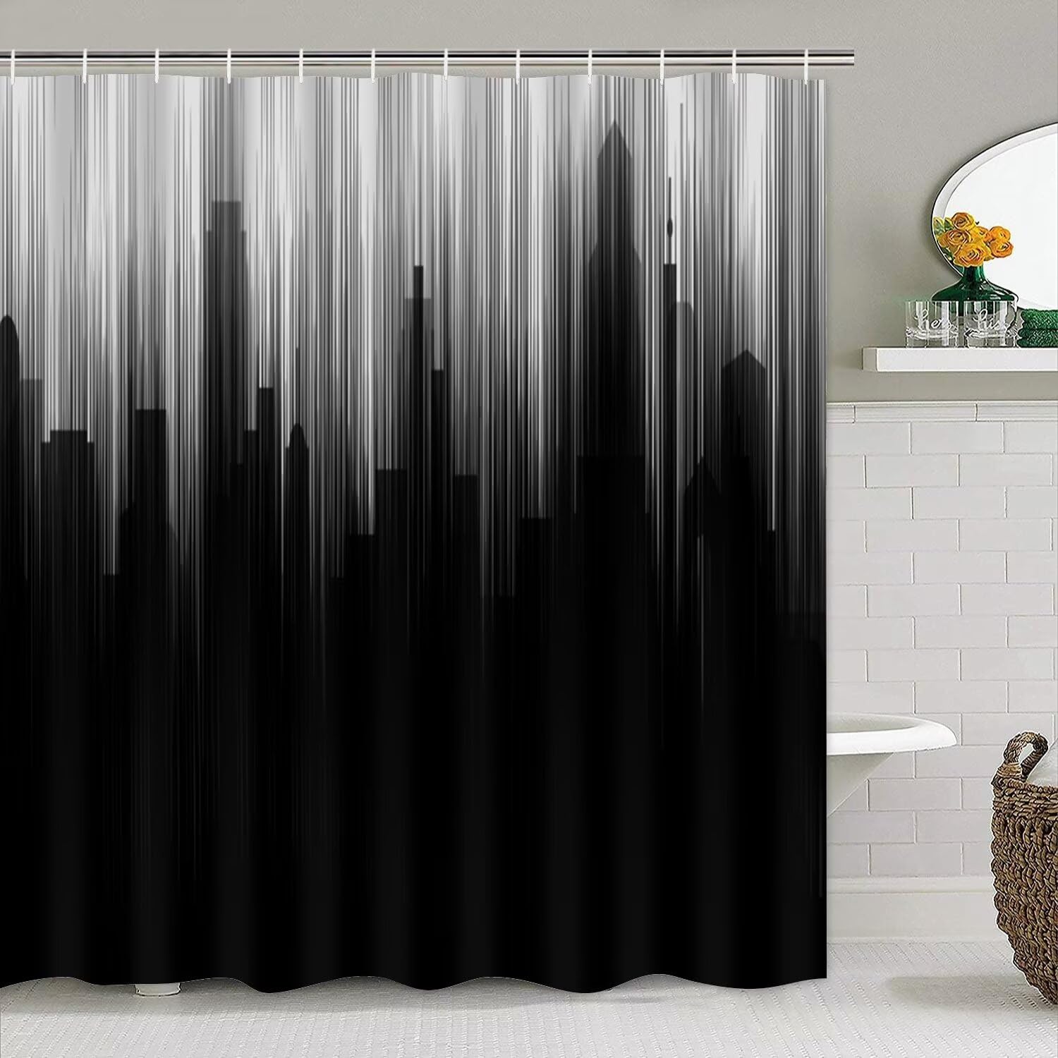 Yddsky 4 Pcs Black And White Shower Curtain Sets Non-Slip Rugs Bath Mat Toilet Cover, U-Shaped Mat, Gradient Shower Curtain With