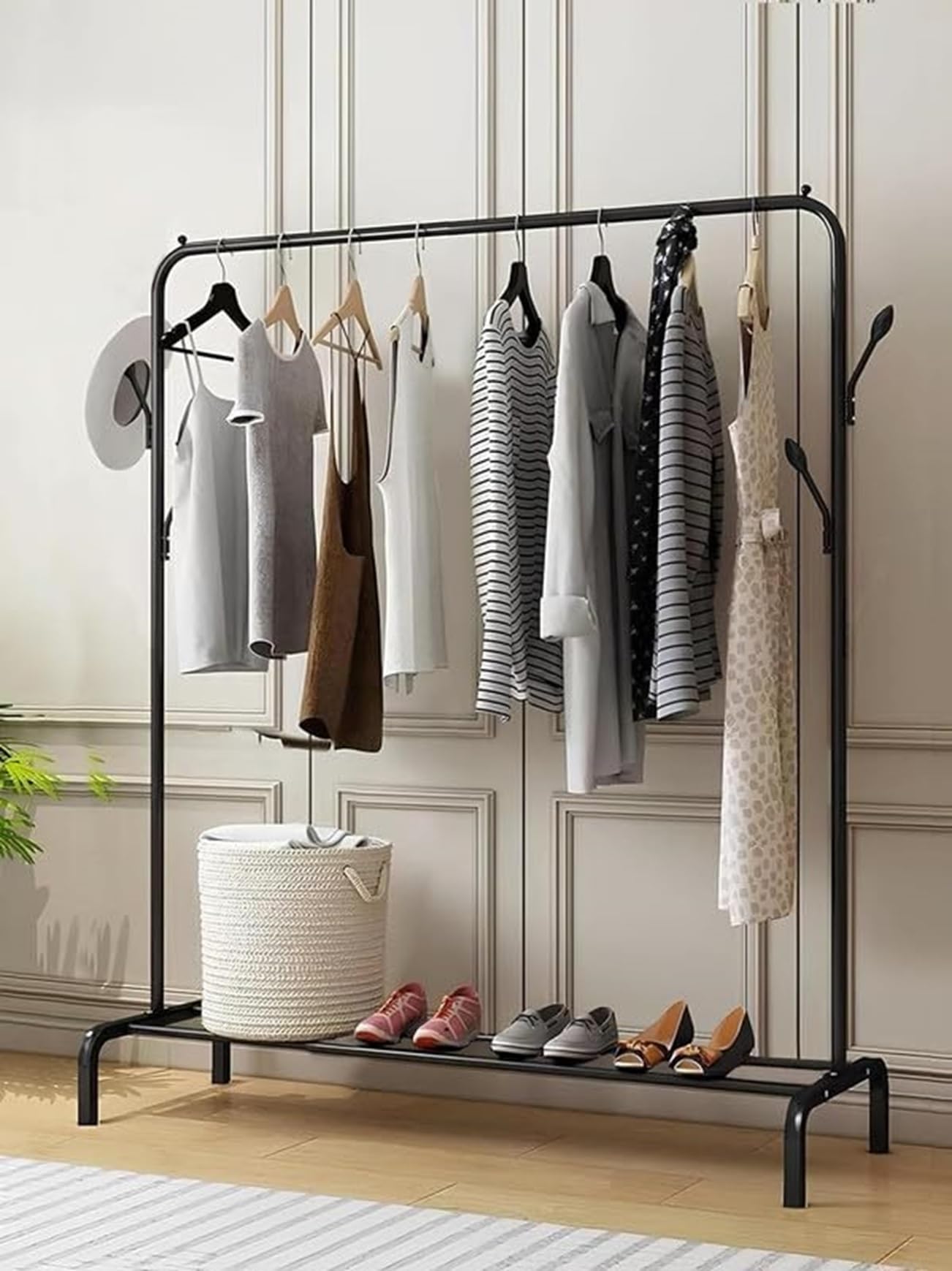 Lukzer Versatile Cloth Stand: Freestanding Metal Garment Rack With Bottom Shelves And Coat Hanger  Perfect Storage Organizer (Bl