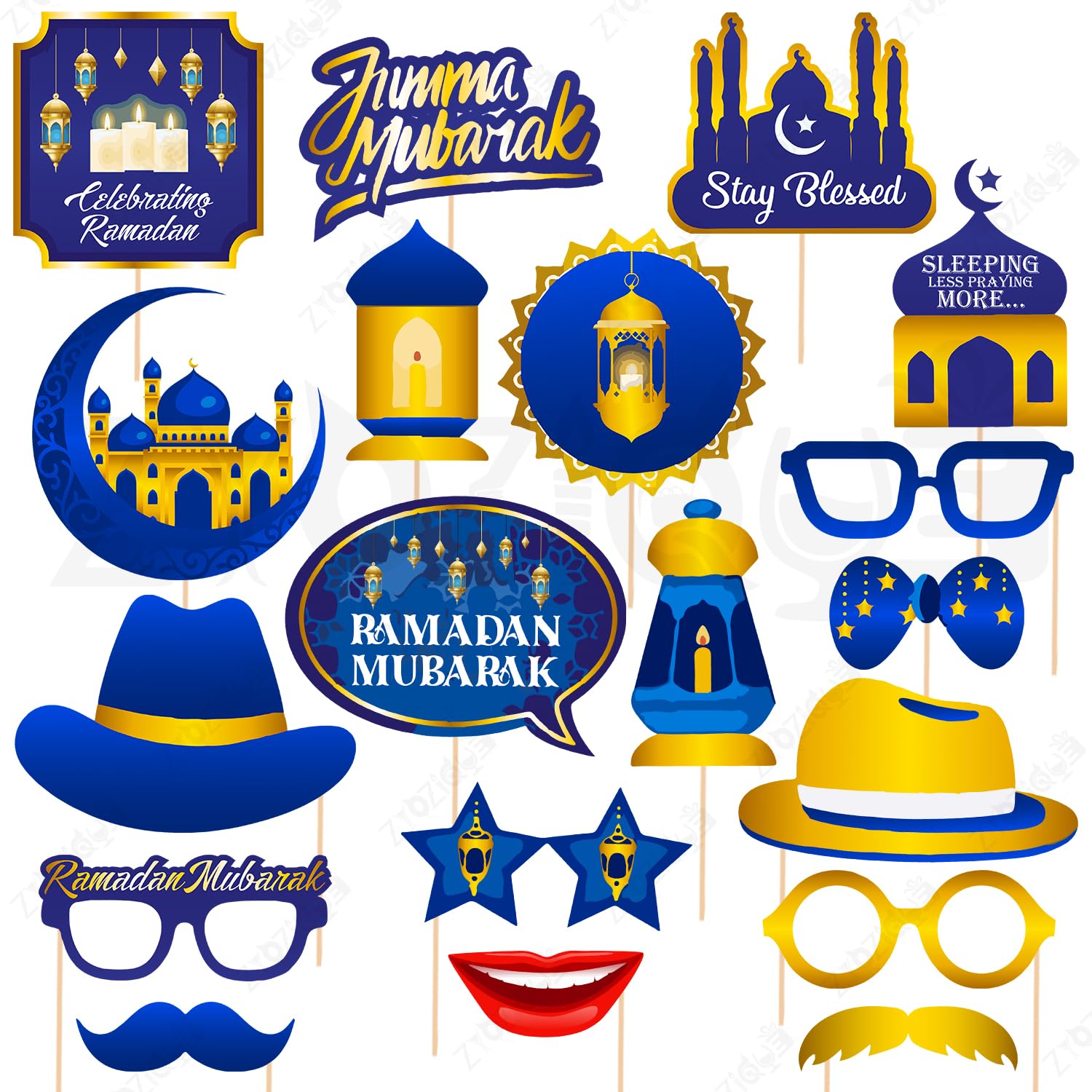 Zyozique Ramadan Mubarak Photo Booth Props, Blue & Gold Theme, Ramadan Eid Party Decorations Set, Eid Mubarak Photo Booth Props 